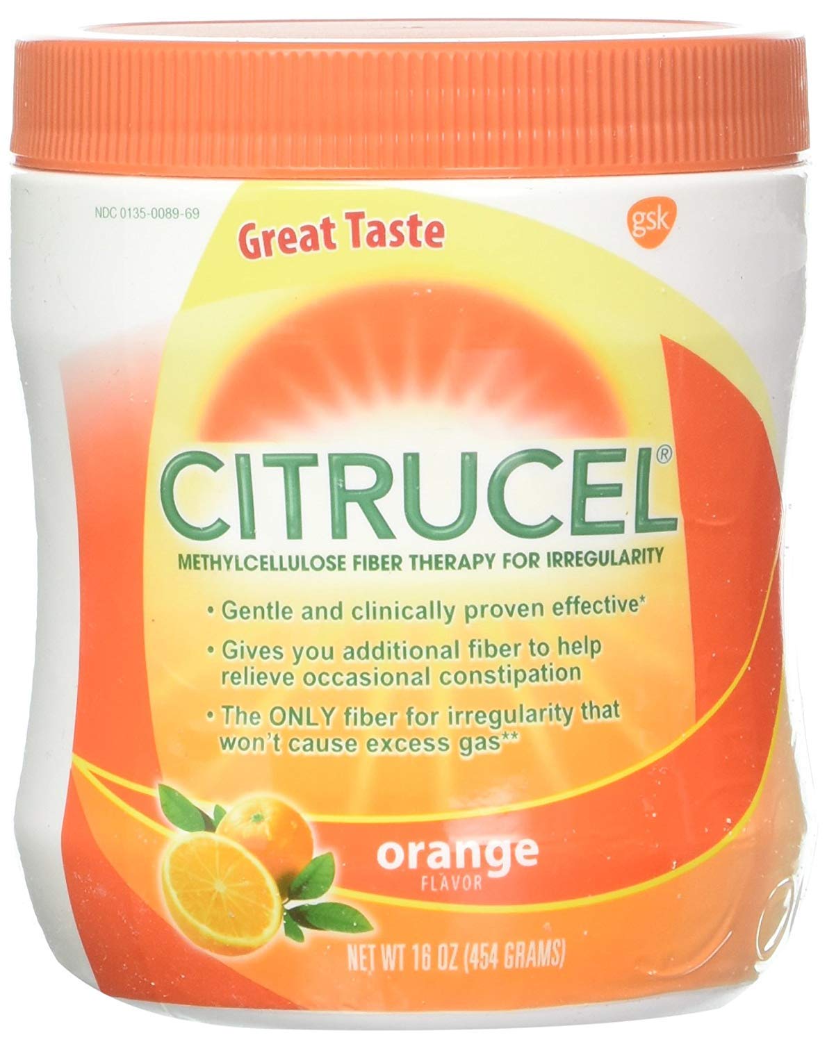 CITRUCEL envase frontal de 16 oz con sabor naranja para alivio suave