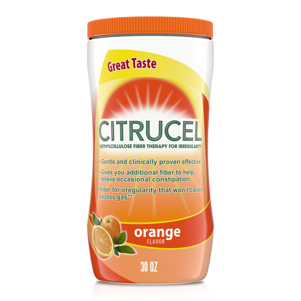 Citrucel frente del envase mostrando tamaño de 30 oz y sabor naranja