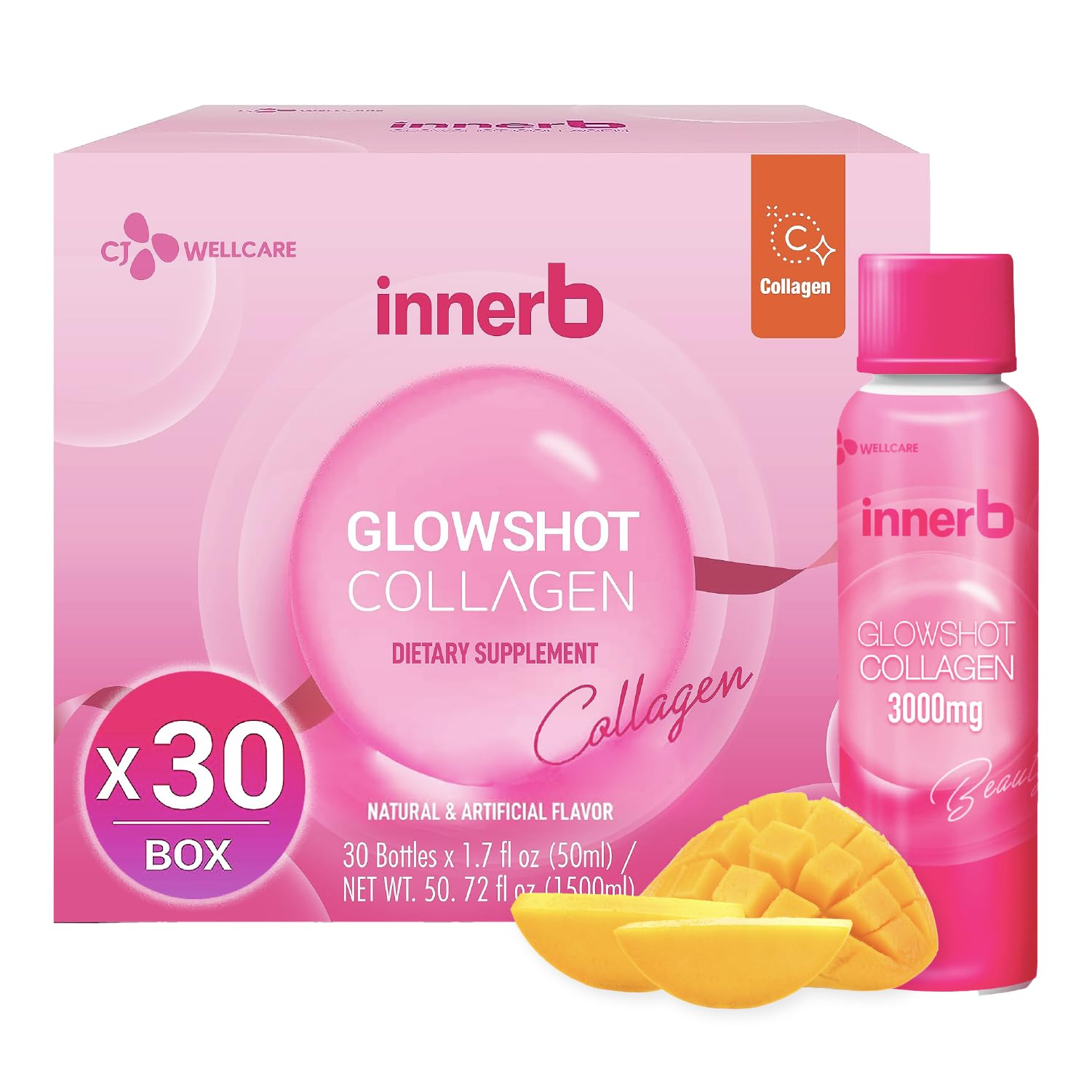 CJwellcare envase frontal Innerb Glowshot mostrando diseño y beneficio práctico