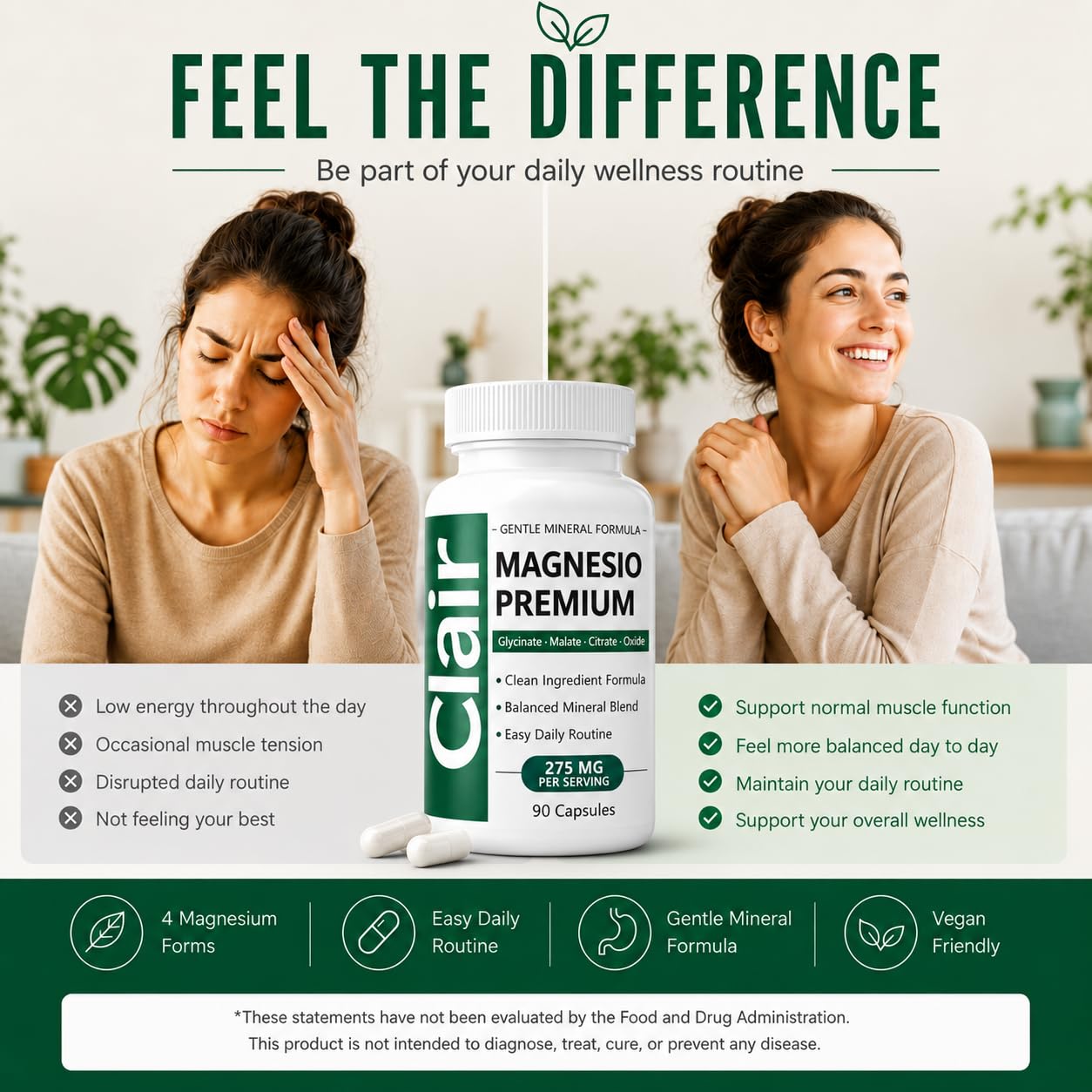 Clair Magnesio cápsula en mano para comparar tamaño y dosificación visual