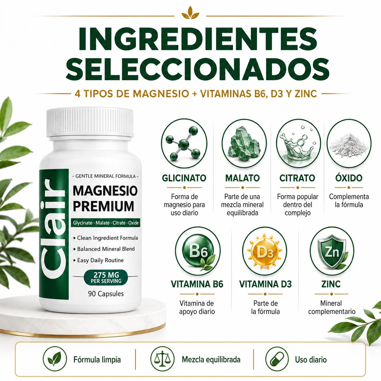 Clair Magnesio etiqueta nutricional en close-up con información clara