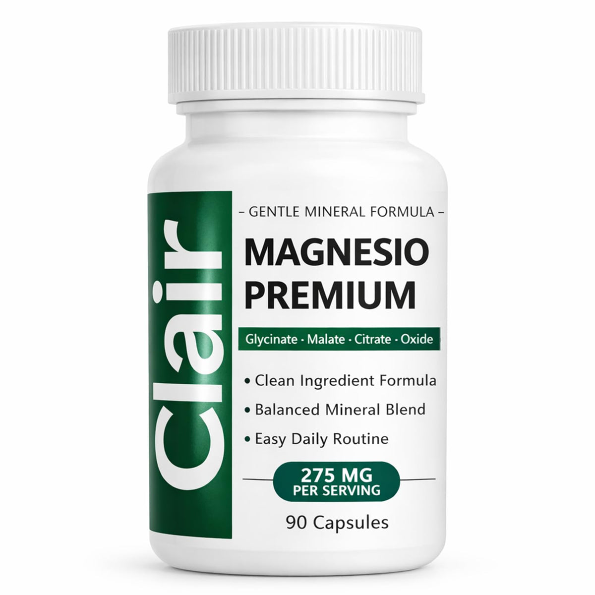 Clair Magnesio envase frontal mostrando diseño y cantidad 90 cápsulas