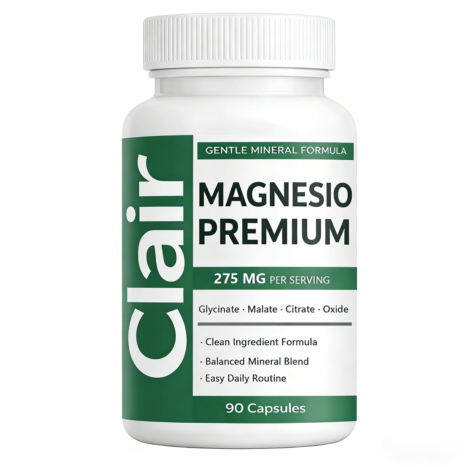 Clair Magnesio frontal del envase mostrando el diseño y beneficios principales