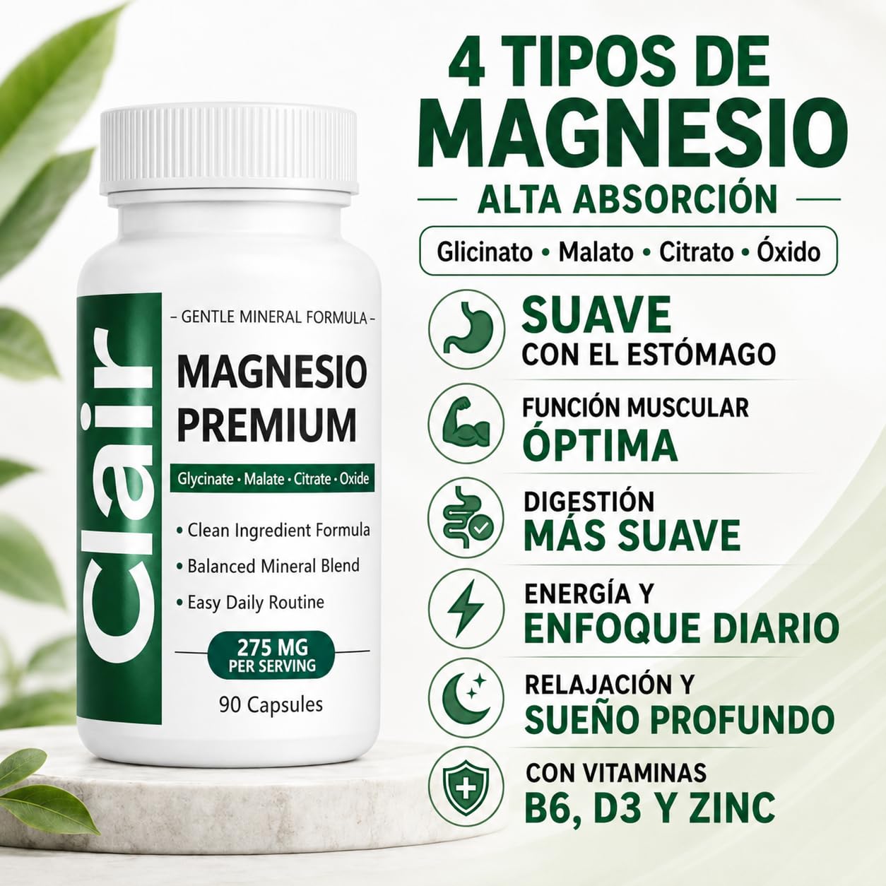 Clair Magnesio detalle de polvo e ingredientes para composición equilibrada