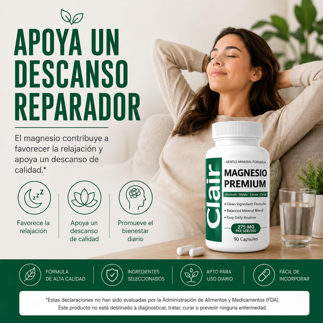 Clair Magnesio cápsula junto a libro y luz tenue para relajación nocturna