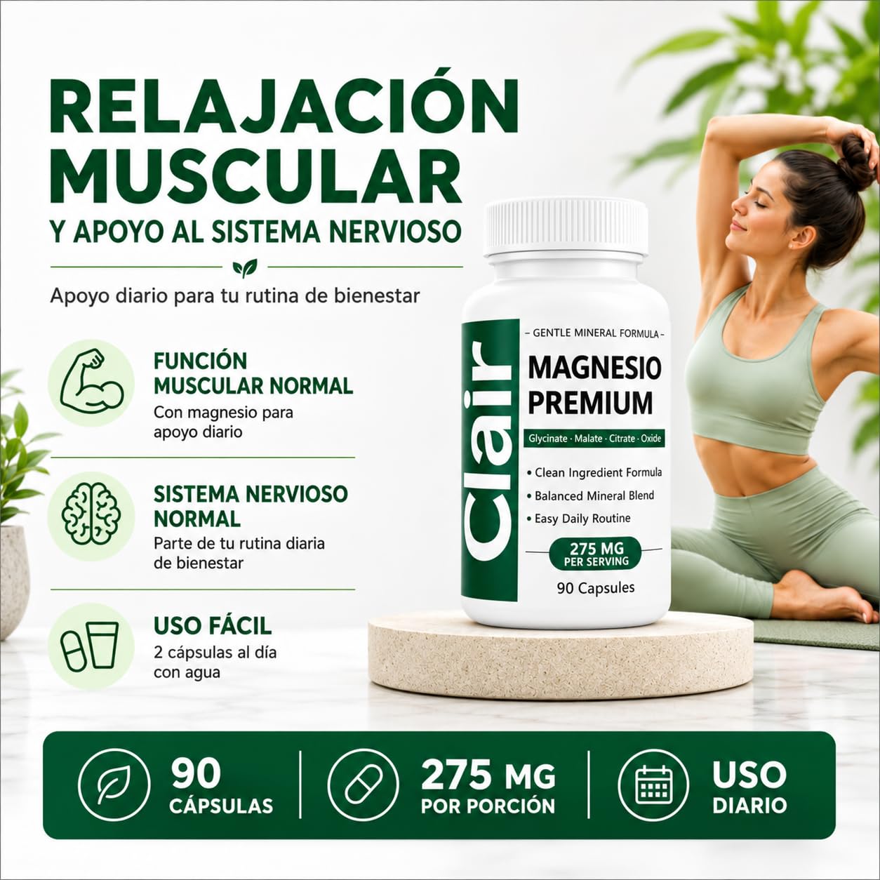 Clair Magnesio complemento tras entrenamiento para recuperación muscular