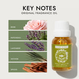 Claire Burke etiqueta en primer plano con nombre y notas aromáticas