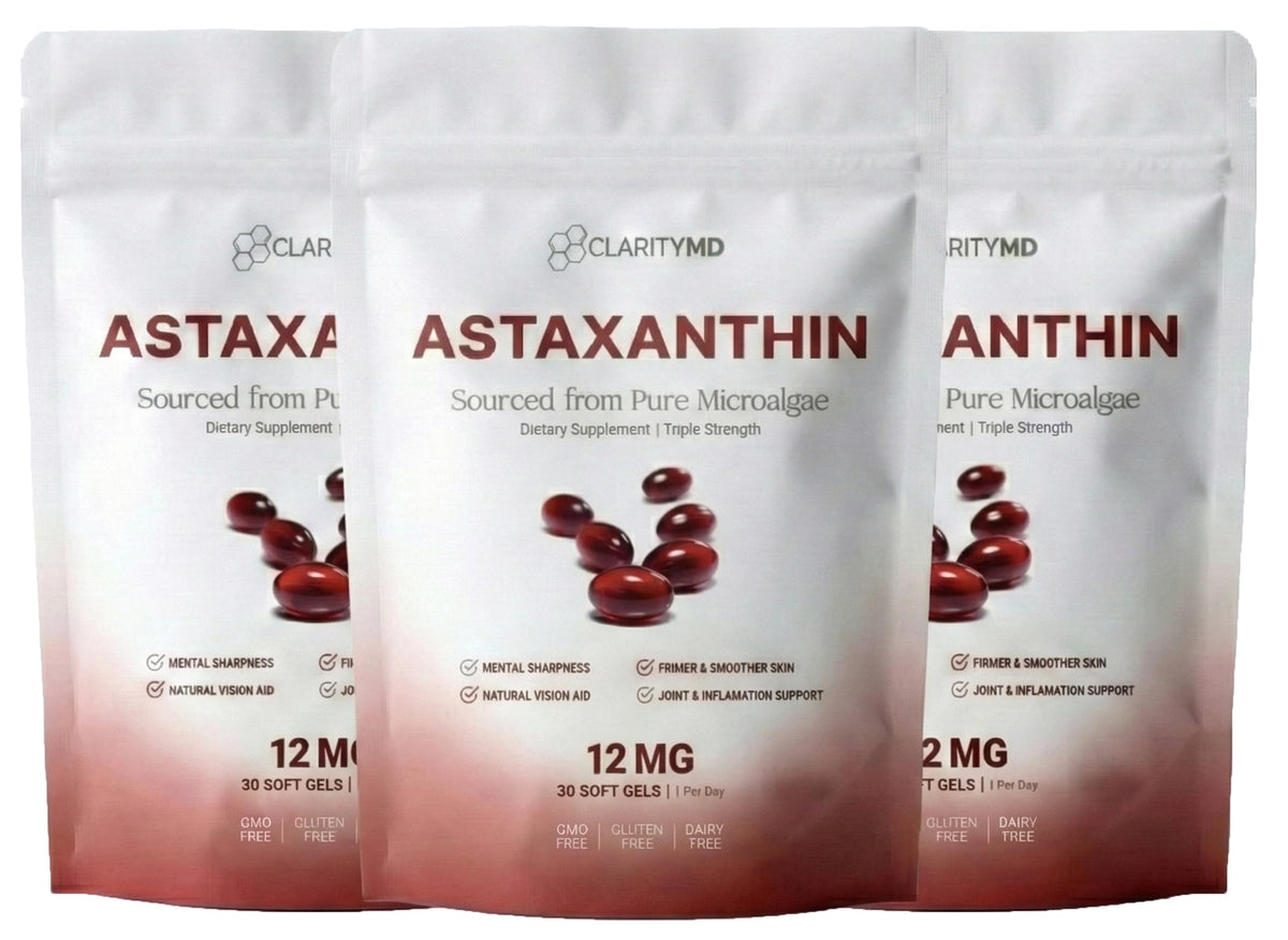 ClarityMD astaxanthin frontal del empaque mostrando beneficios y dosis
