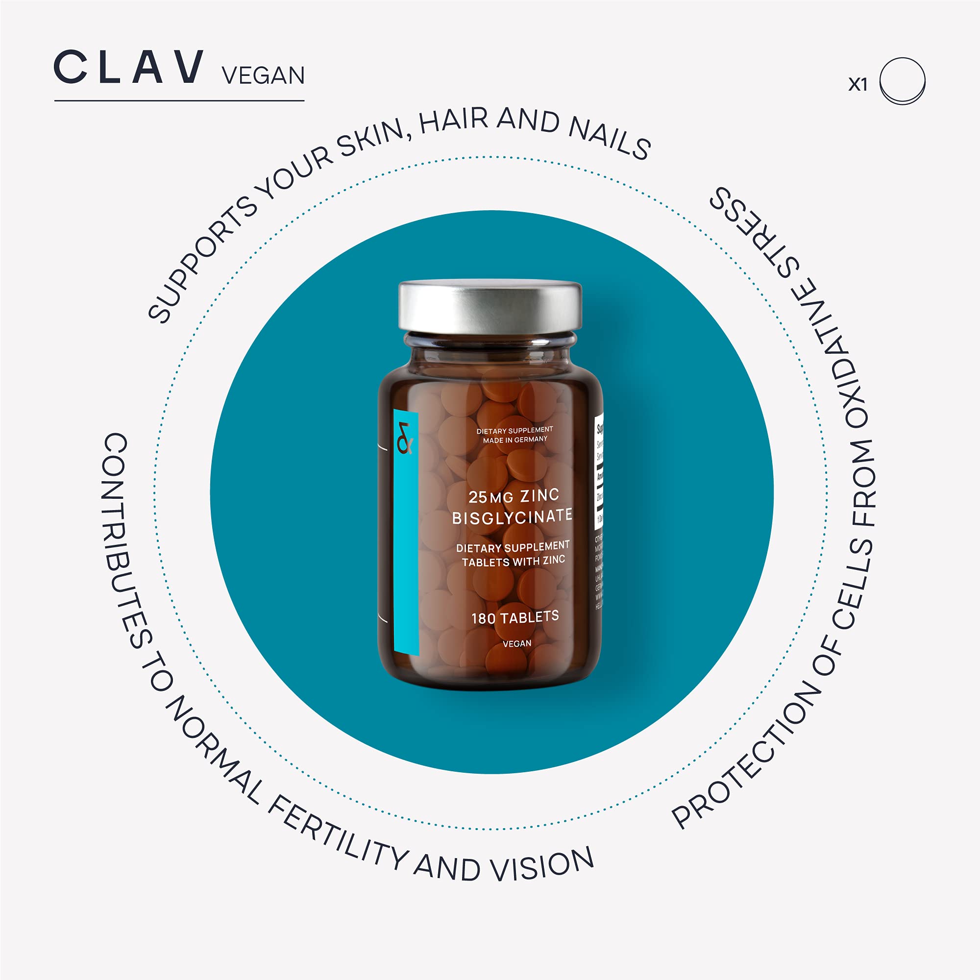 CLAV etiqueta nutricional legible con 25 mg zinc elemental por comprimido