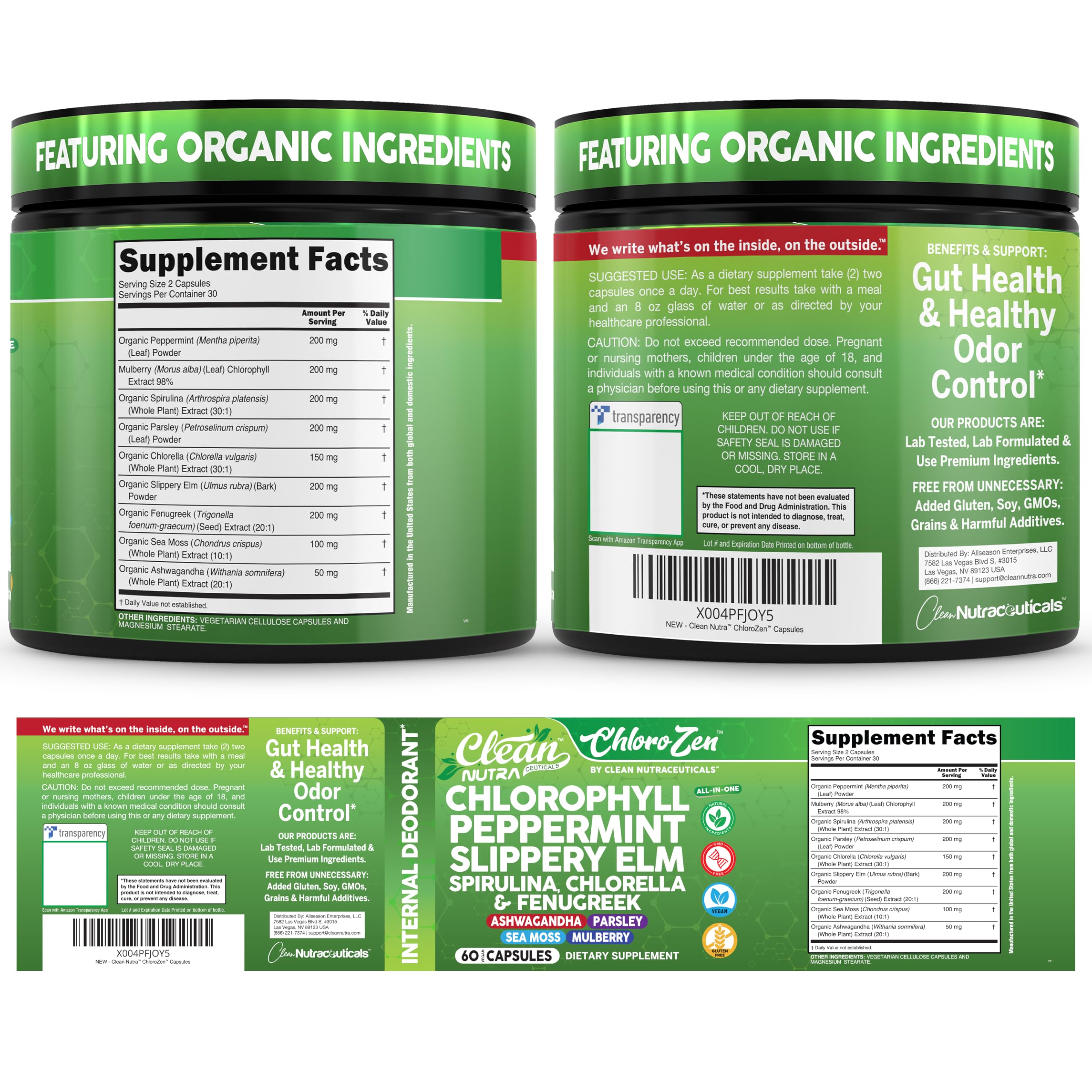 Clean Nutraceuticals caja abierta con botes y folleto mostrando certificaciones