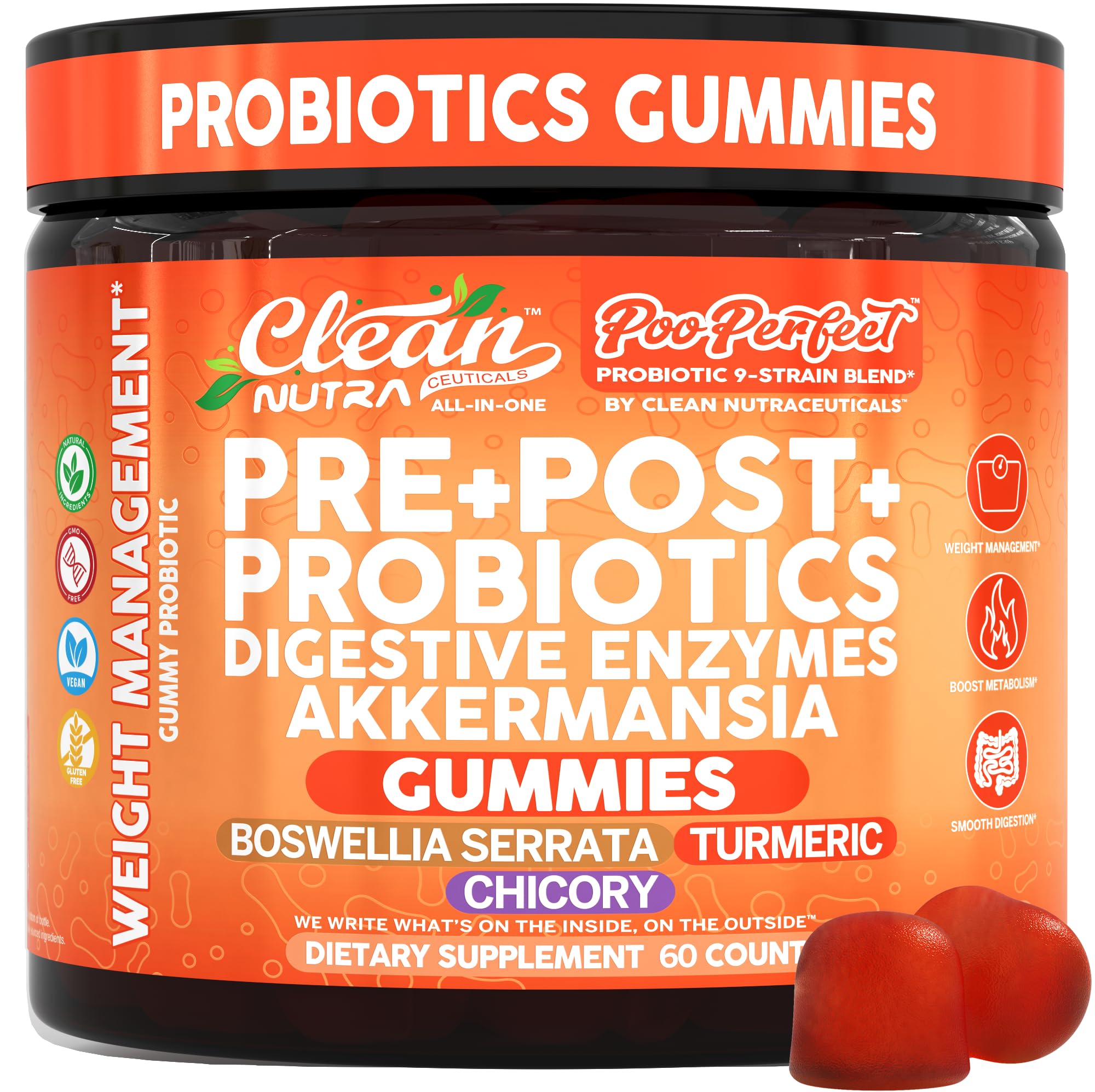 Clean Nutraceuticals envase frontal mostrando 60 gomitas y beneficios claros