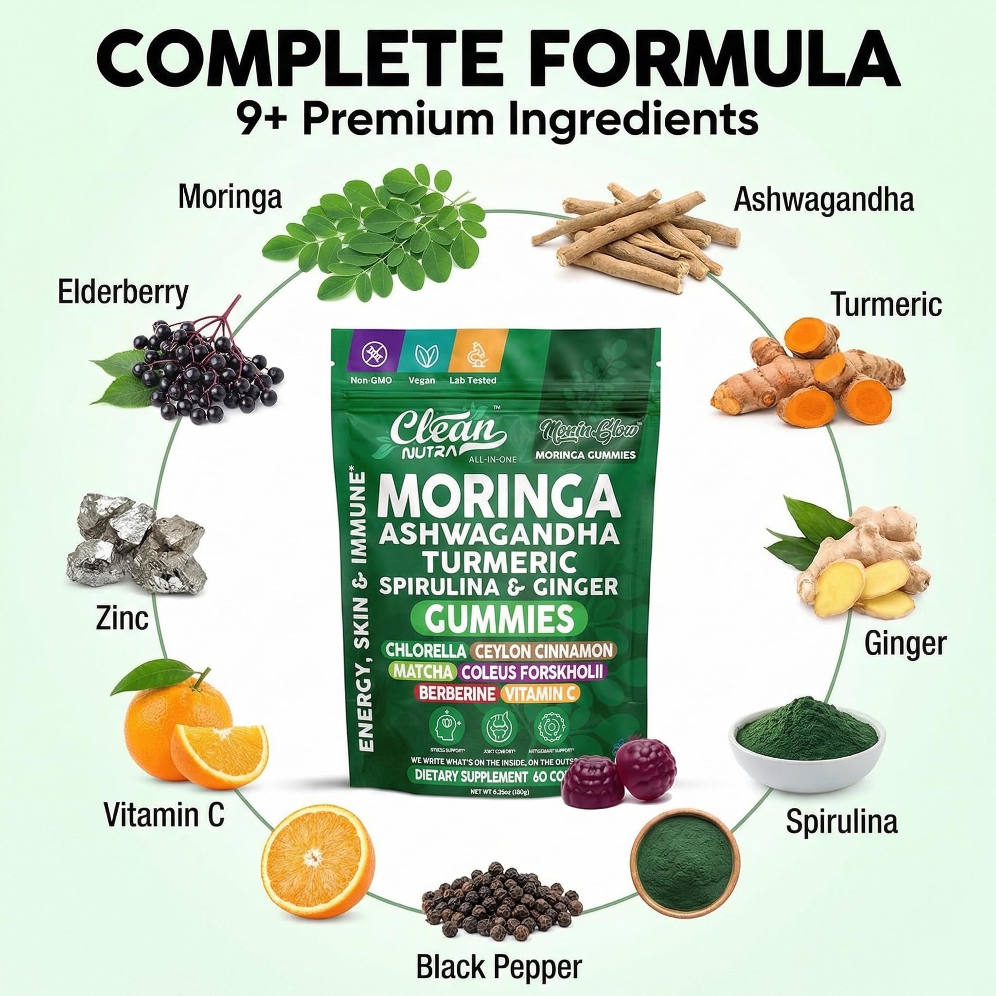 Clean Nutraceuticals etiqueta con lista de ingredientes y certificaciones visibles