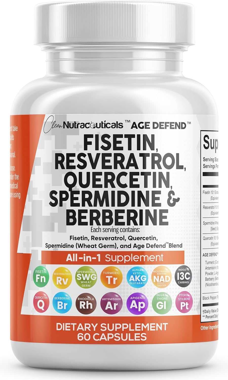 Clean Nutraceuticals botella frontal mostrando suplemento longevidad y claridad