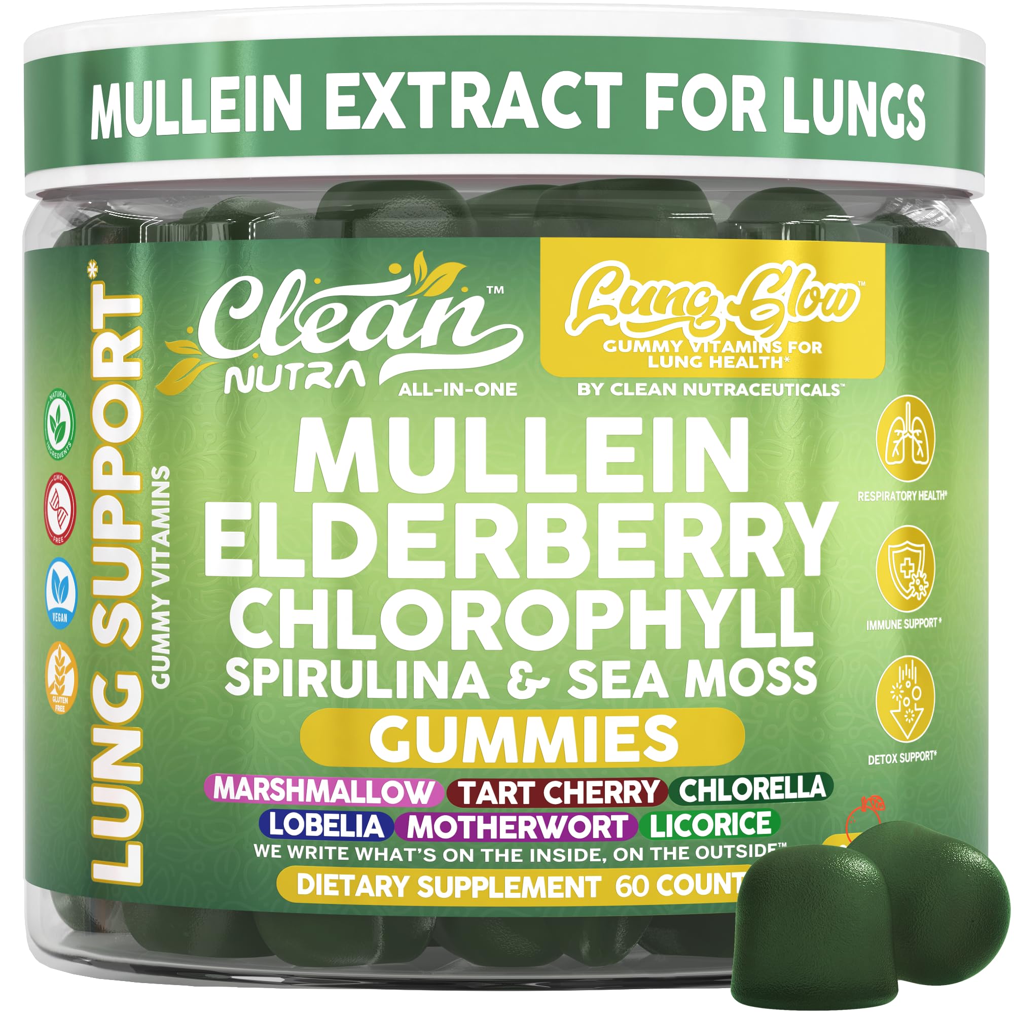 Clean Nutraceuticals bote frontal de gomitas mullein mostrando etiqueta clara