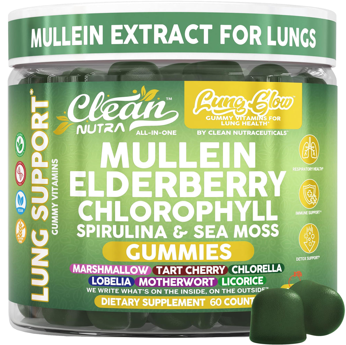 Clean Nutraceuticals bote frontal de gomitas mullein mostrando etiqueta clara