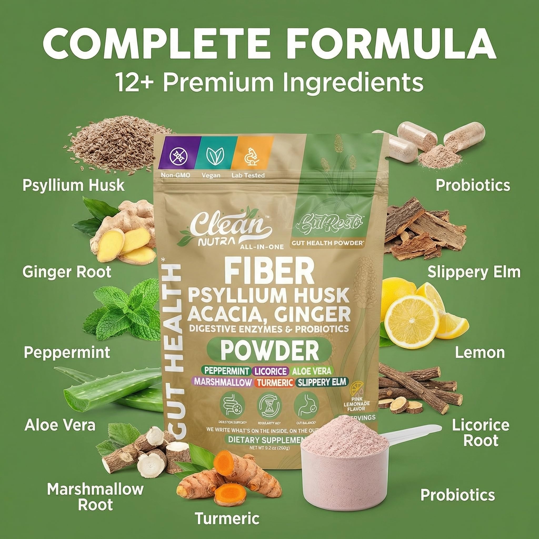 Etiqueta de GutResto con lista de ingredientes, Clean Nutraceuticals transparencia y calidad
