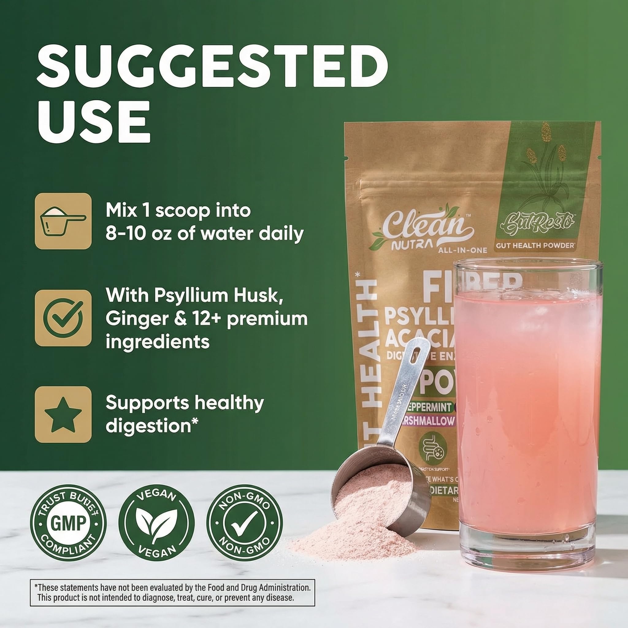 Vaso con GutResto mezclado listo para beber, Clean Nutraceuticals confort digestivo inmediato