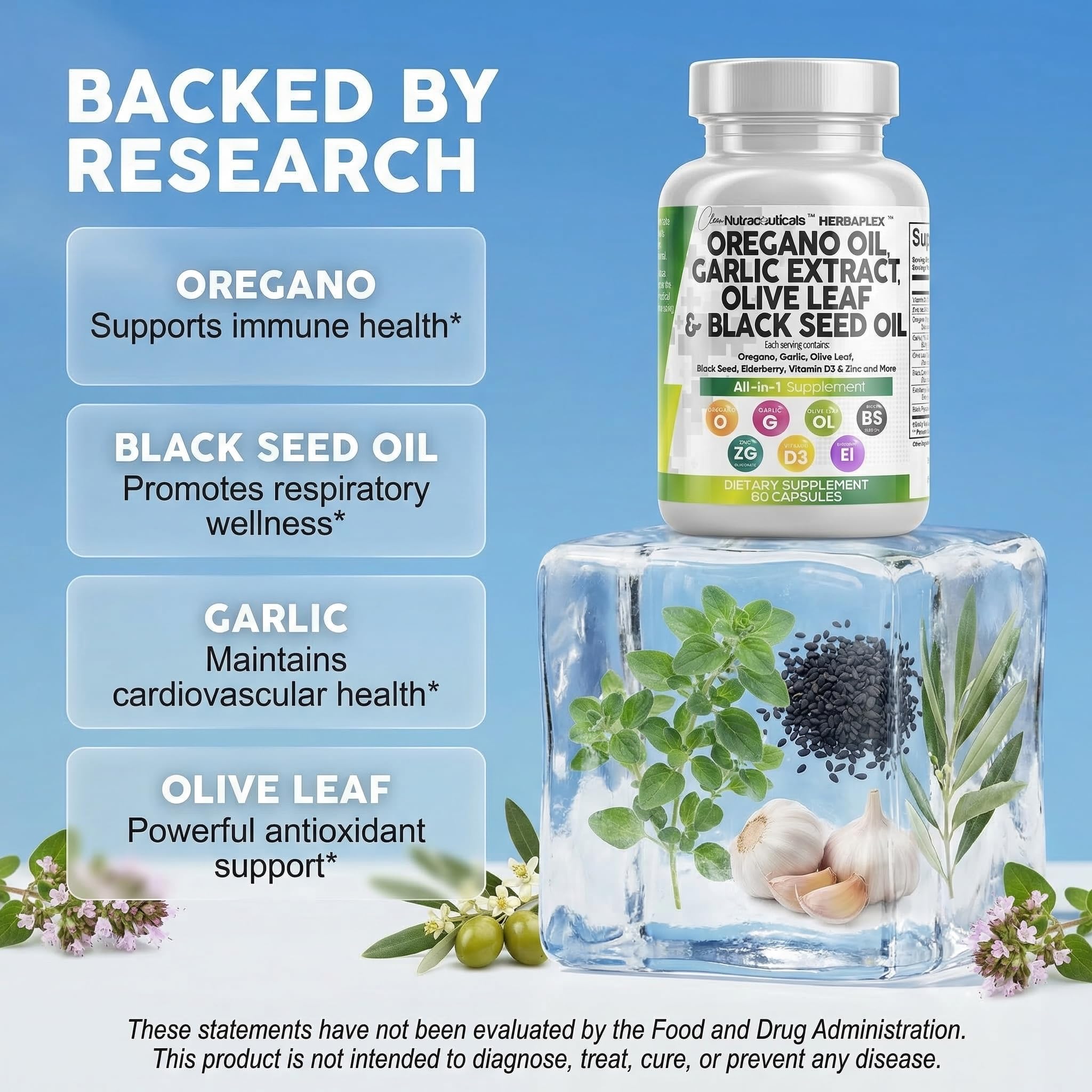 Clean Nutraceuticals imagen de ingredientes que muestra orégano, ajo y semilla negra