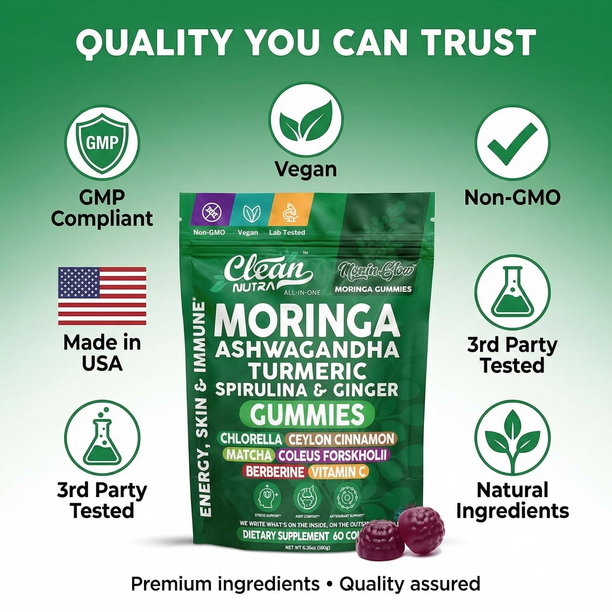 Clean Nutraceuticals montones de espirulina matcha y moringa en ingredientes naturales