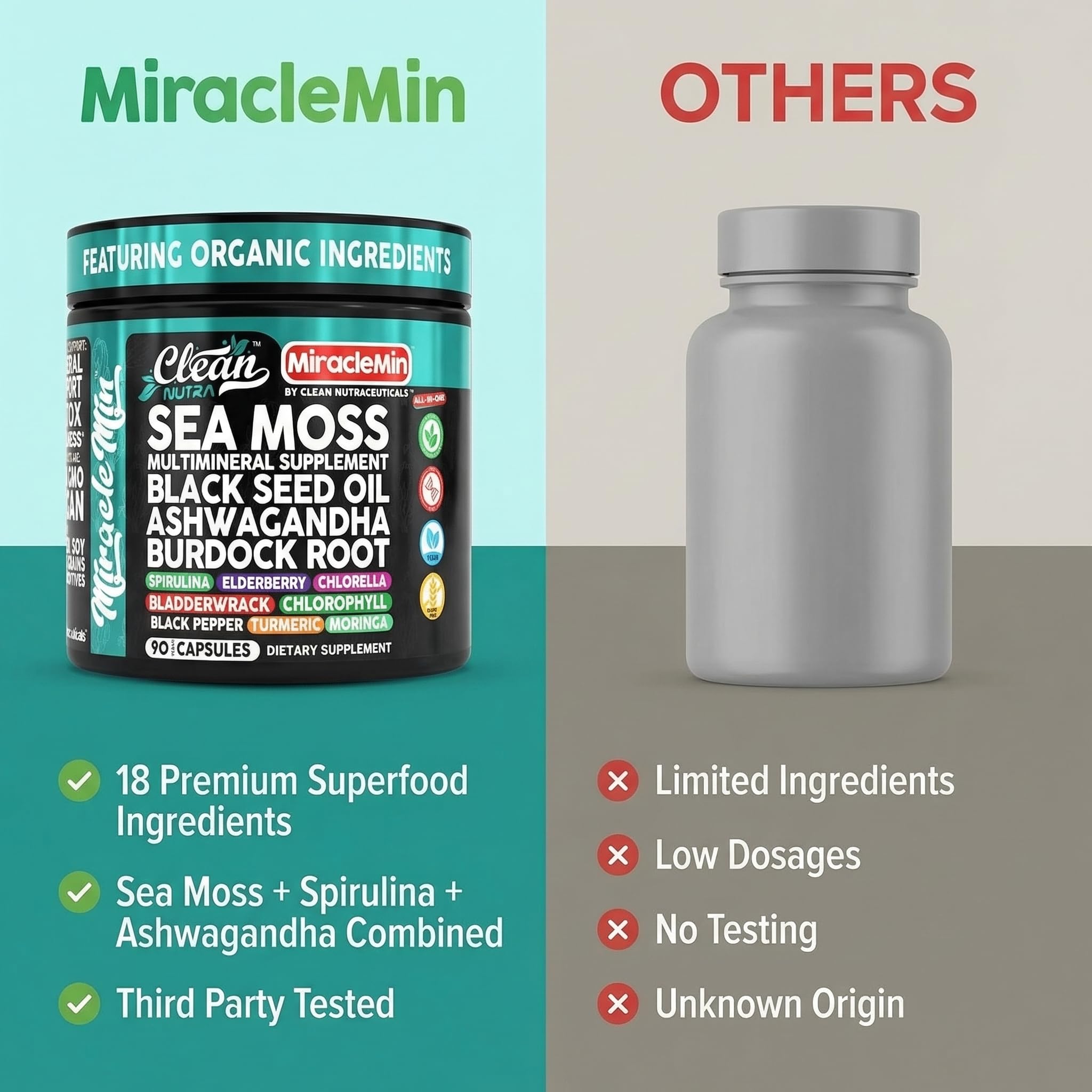 Clean Nutra ingredientes secos: sea moss, moringa y spirulina visibles