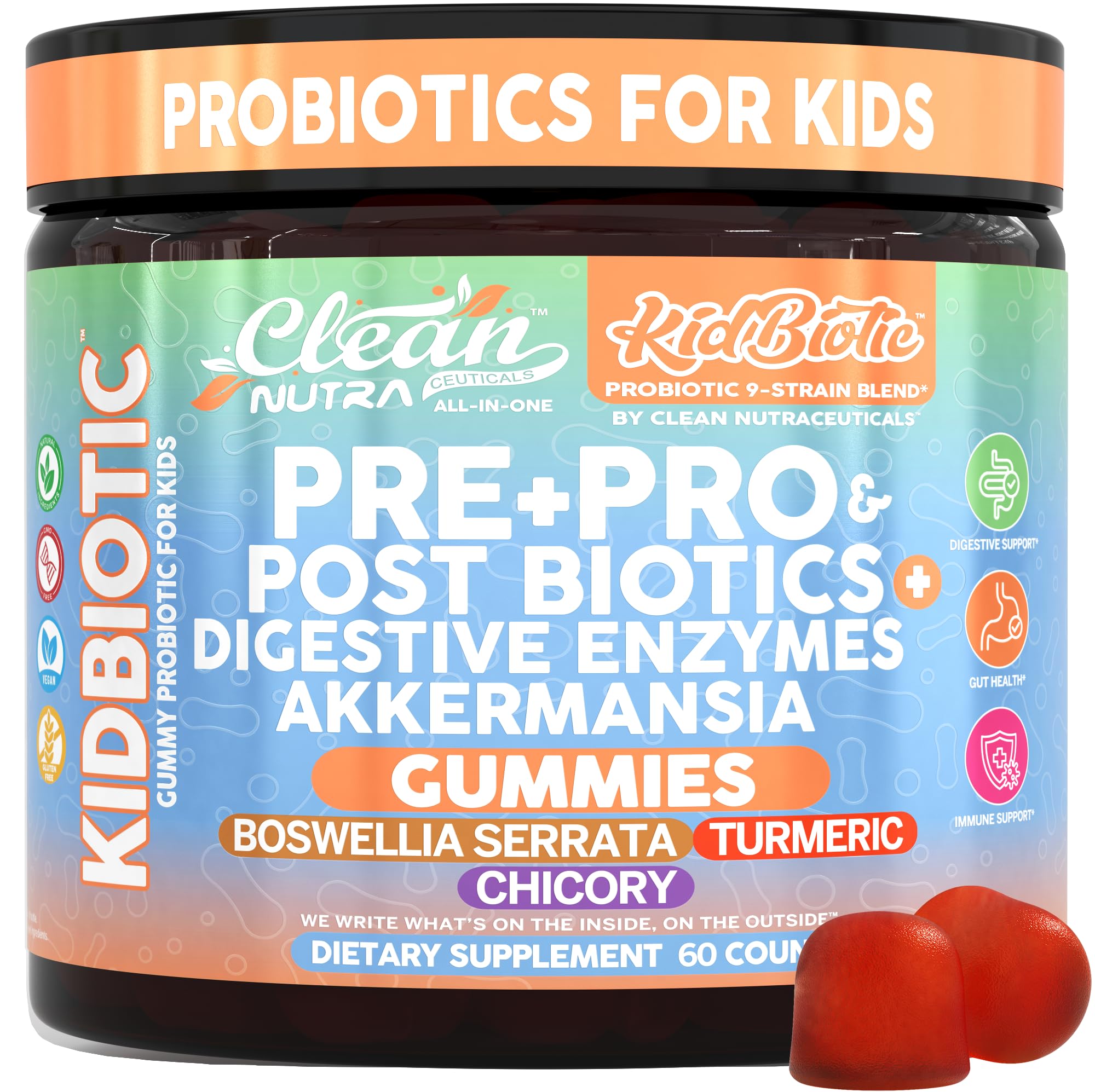 Clean Nutra envase frontal de KidBiotic con diseño PeachPop y beneficios claros