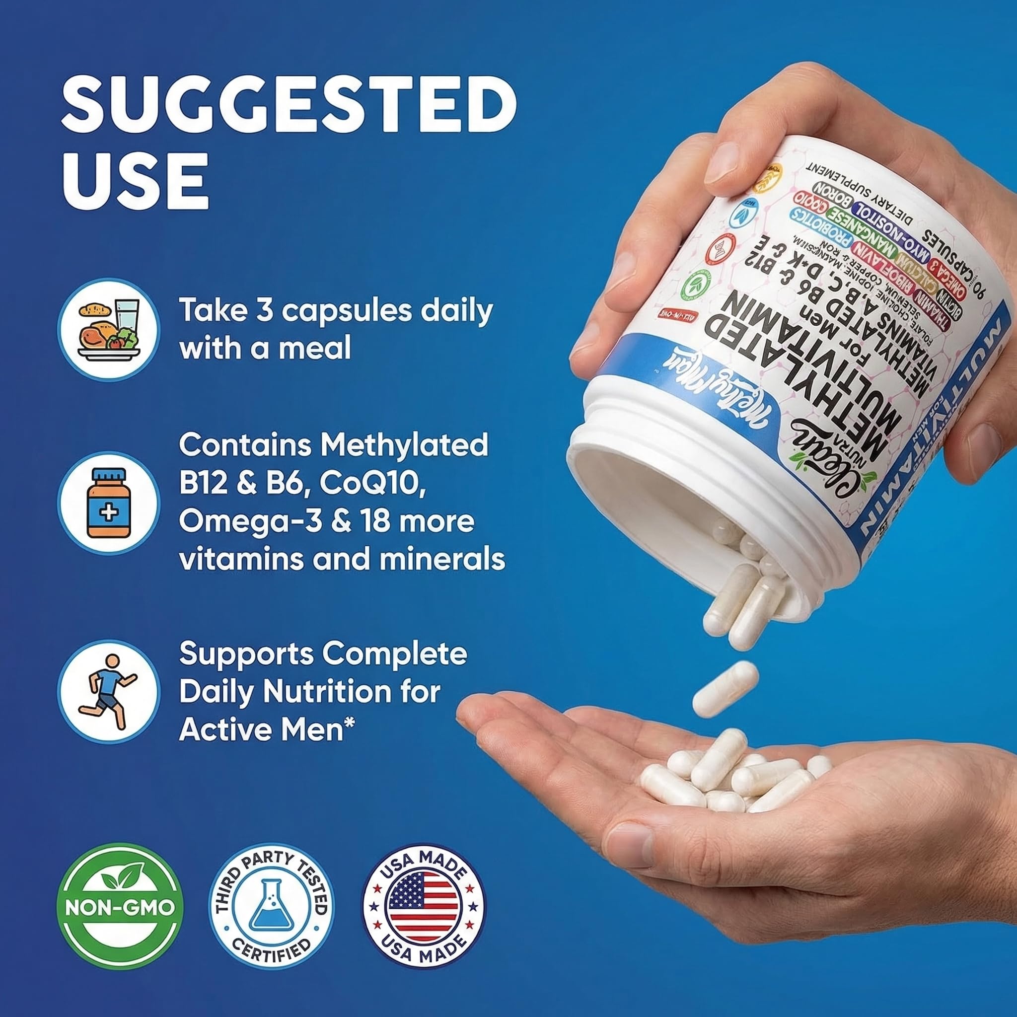 Clean Nutra MethylMan botella junto a regla, tamaño y porciones claras