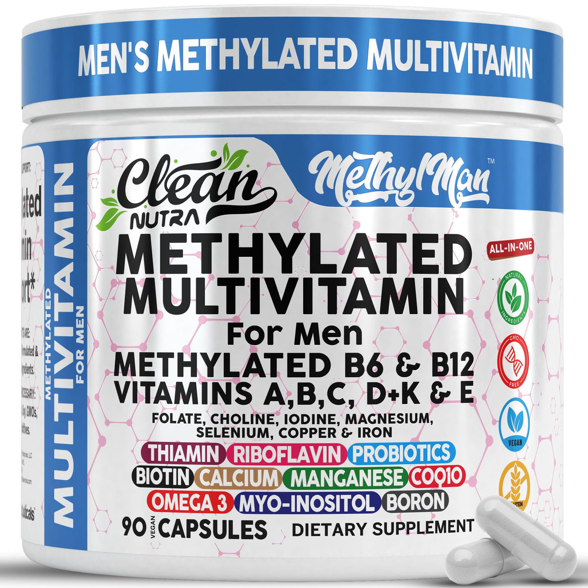 Clean Nutra MethylMan vista frontal y botella, claridad de mezcla completa