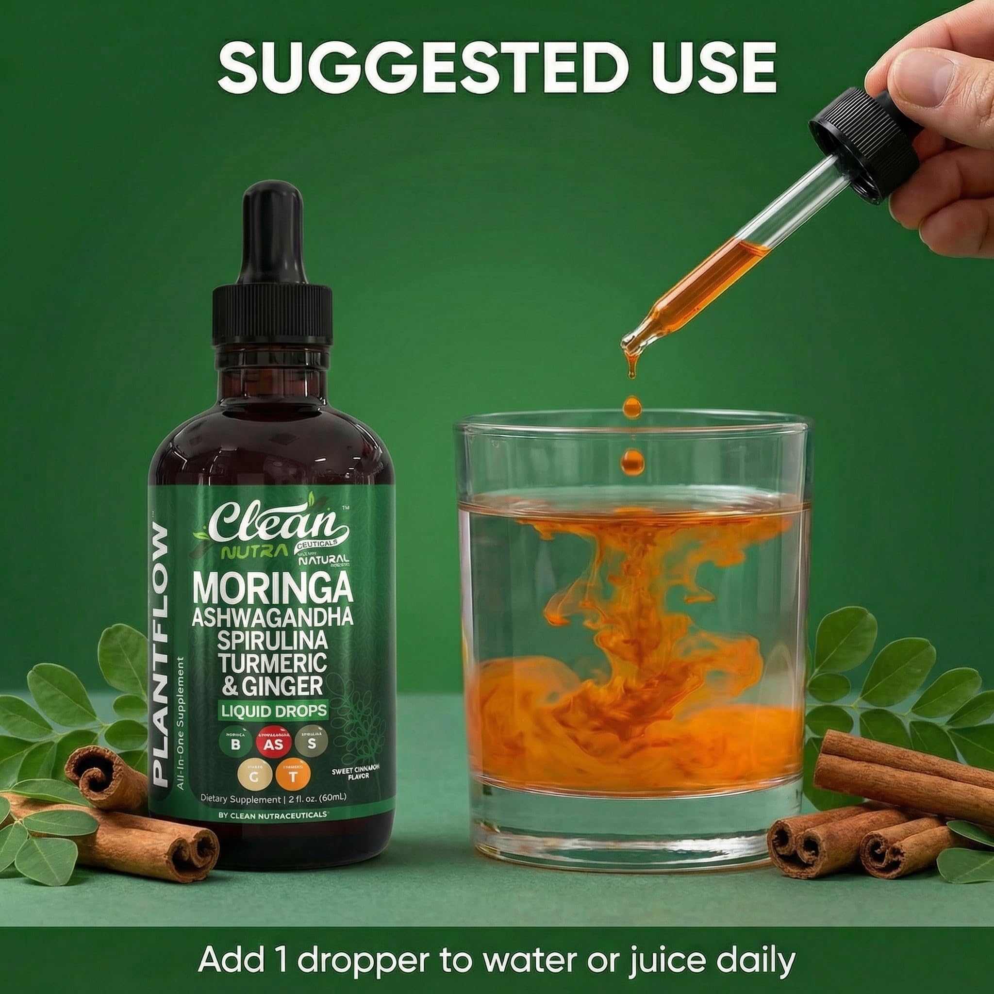 Clean Nutraceuticals gotas mezcladas en vaso de agua para consumo
