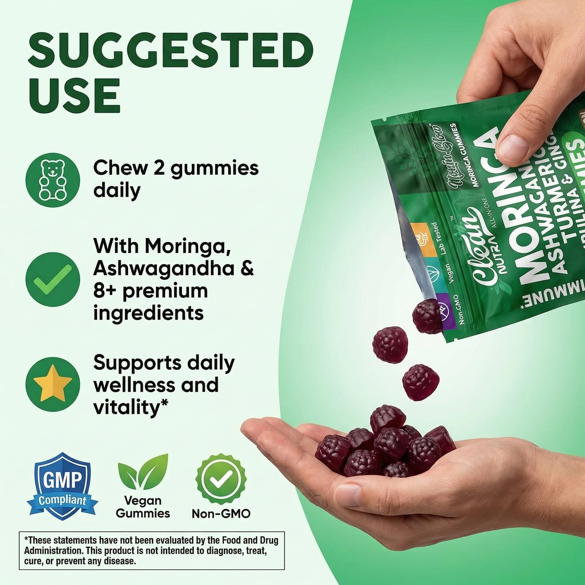 Clean Nutraceuticals frasco abierto con gominolas mostrando cantidad por envase