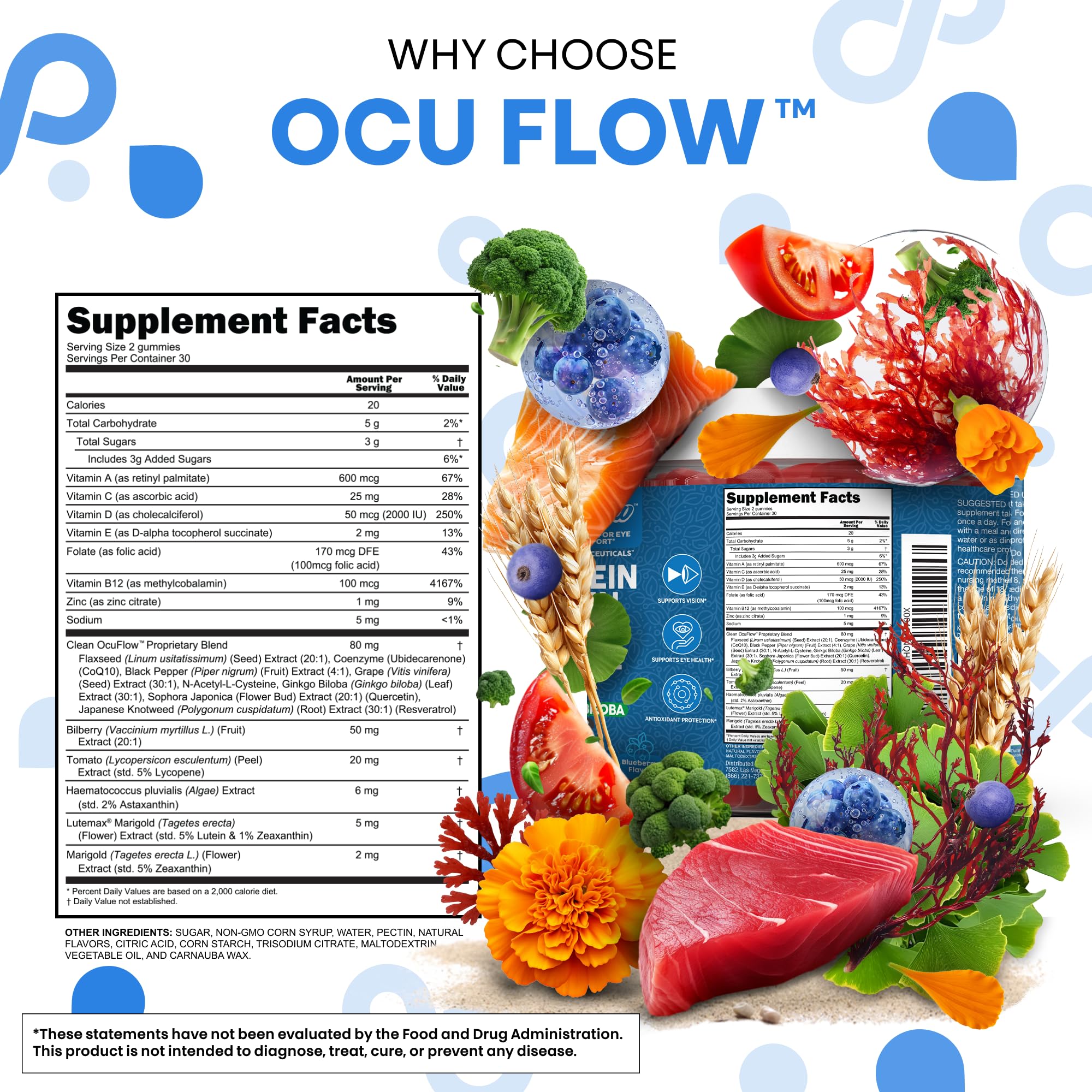 Etiqueta nutricional de OcuFlow Clean Nutraceuticals indicando vitaminas y dosis