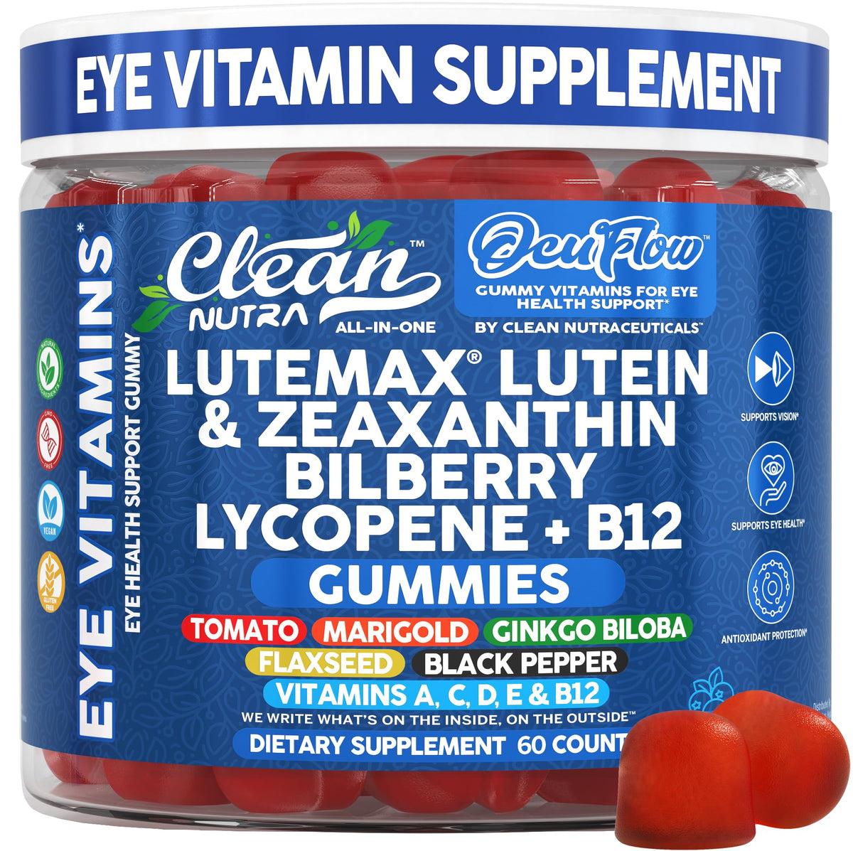Clean Nutraceuticals frasco frontal de OcuFlow mostrando 60 gomitas, confianza visual
