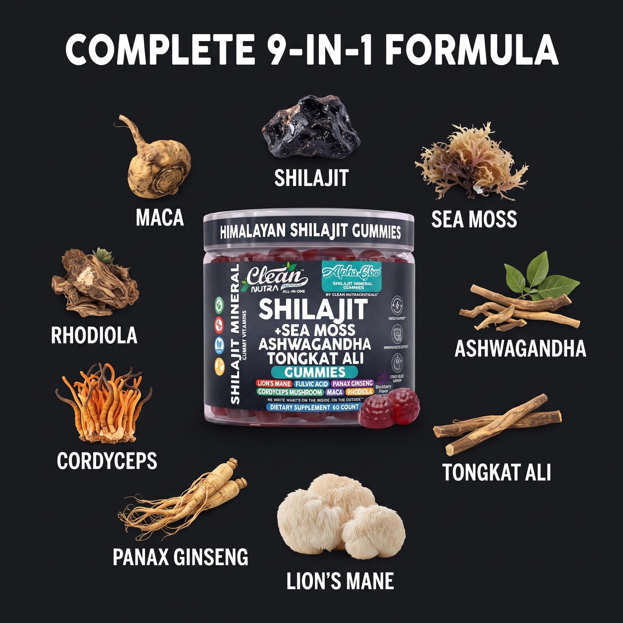Ingredientes naturales junto al frasco Alpha Glow de Clean Nutraceuticals destacando shilajit y sea moss