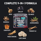 Ingredientes naturales junto al frasco Alpha Glow de Clean Nutraceuticals destacando shilajit y sea moss