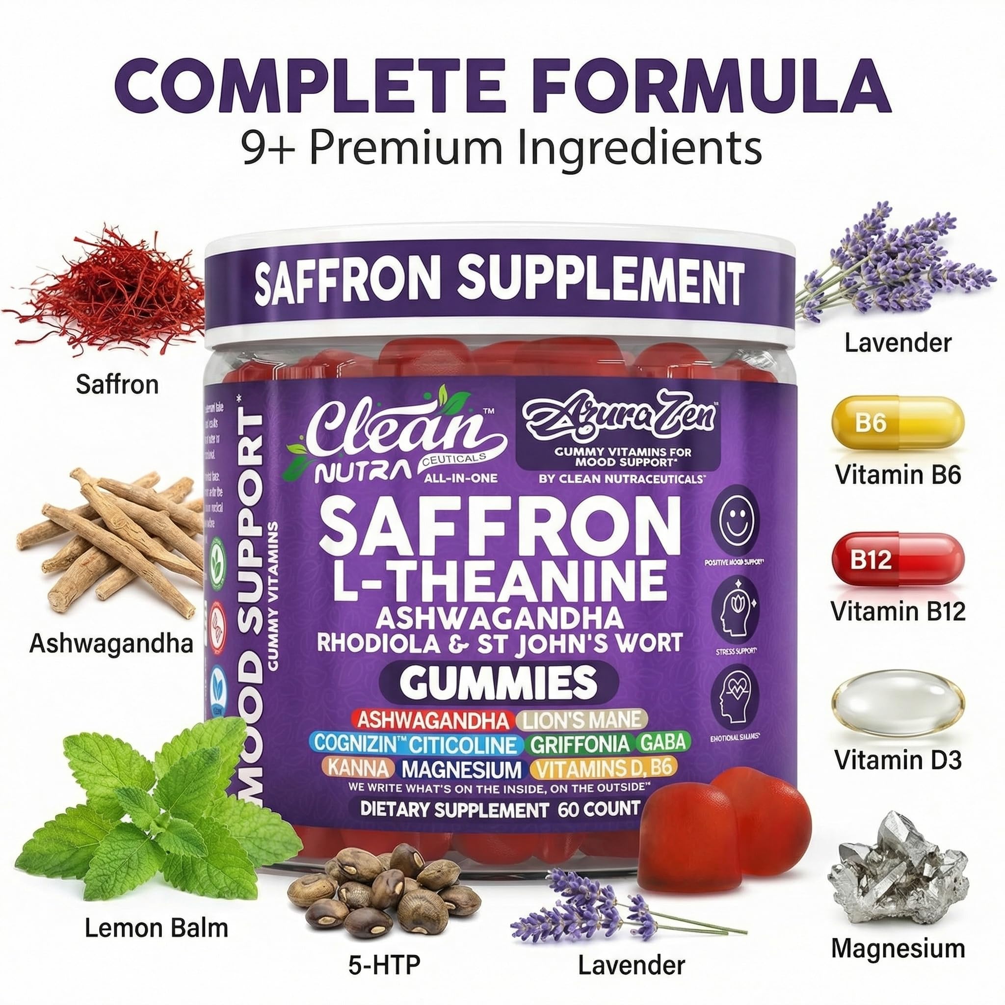 Clean Nutraceuticals etiqueta AuraZen con lista de ingredientes y pautas de uso visibles