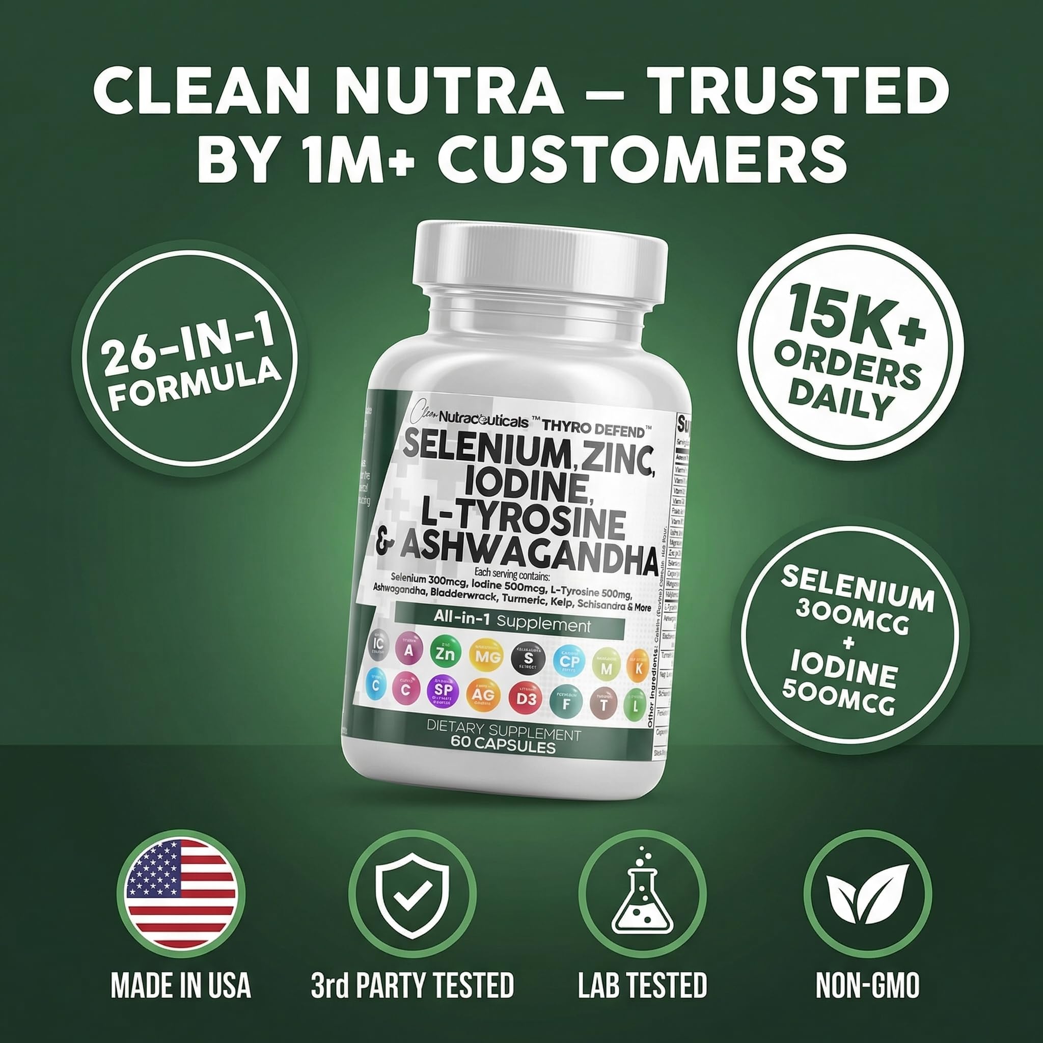 Clean Nutraceuticals conjunto de hierbas (kelp, ashwagandha, cúrcuma) usadas en la fórmula