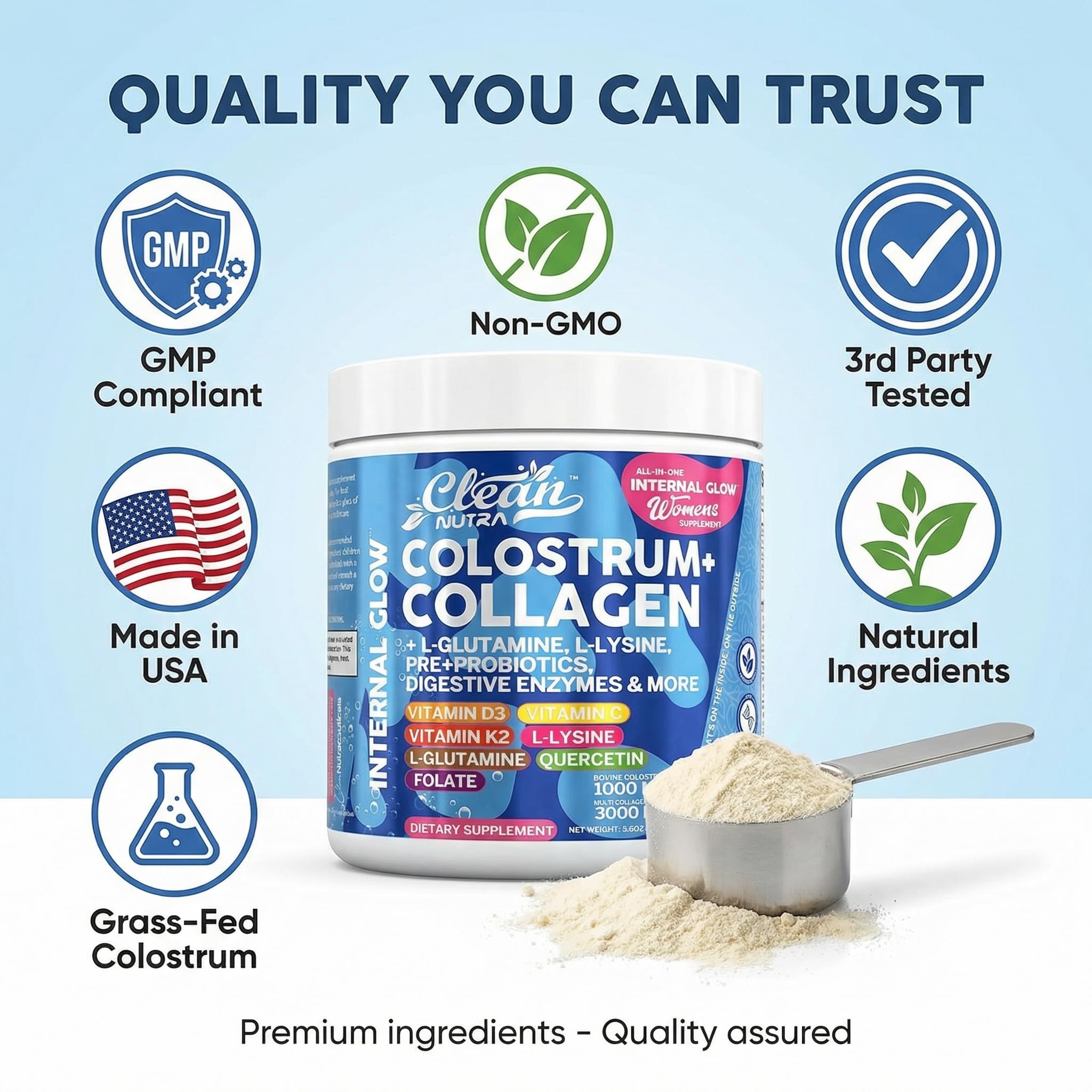 Clean Nutraceuticals caja abierta con medidor indicando la dosis incluida
