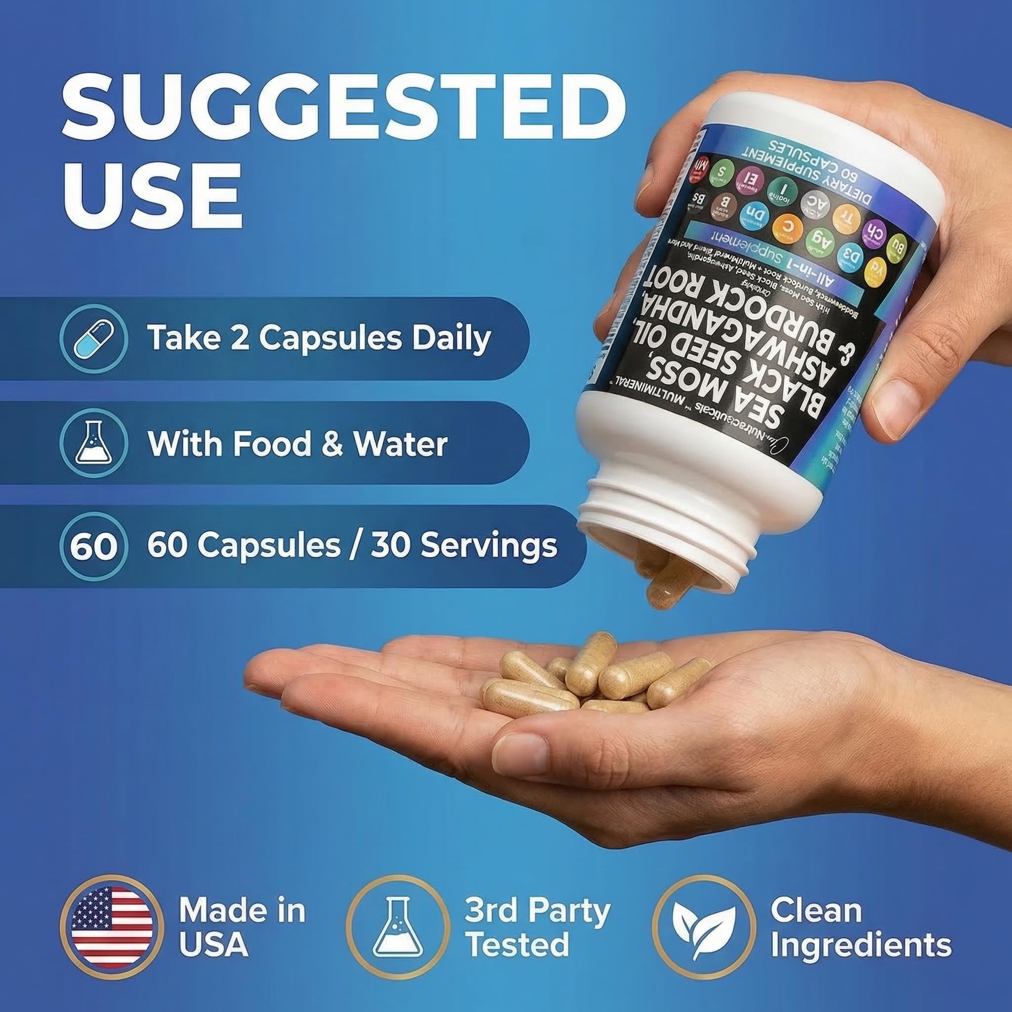 Clean Nutraceuticals cápsulas en mano para comparar tamaño y dosificación