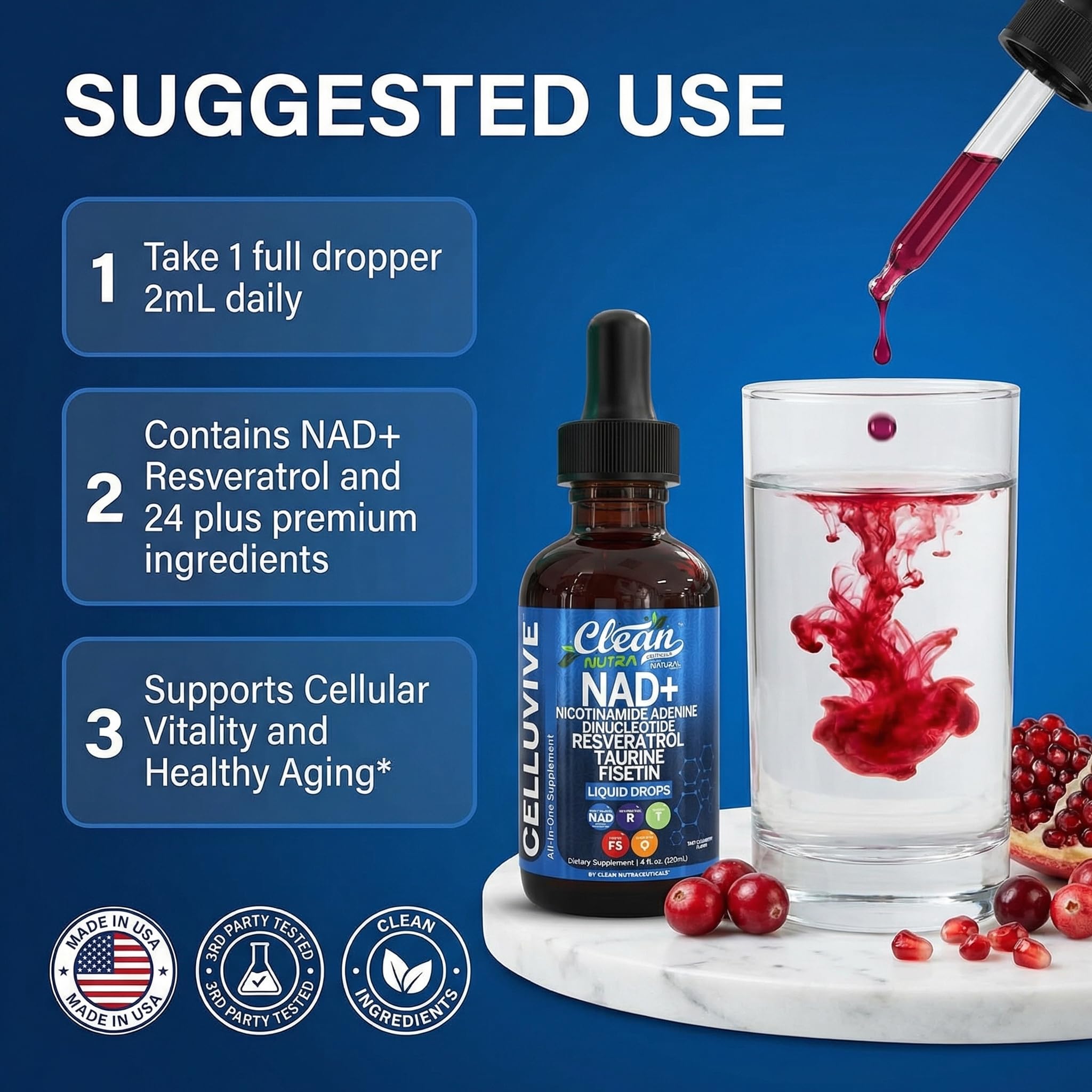 Clean Nutraceuticals CelluVive frasco junto a una regla para comparar tamaño