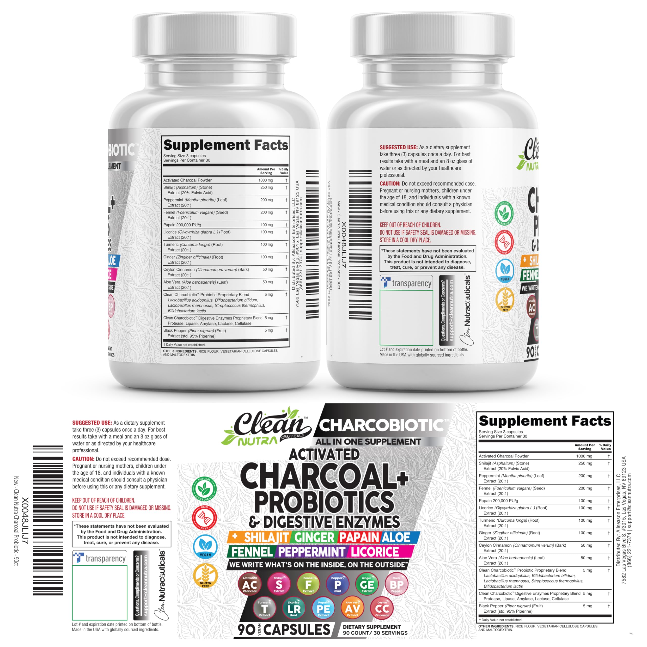 Lateral del embalaje CharcoBiotic con información nutricional clara de Clean Nutraceuticals