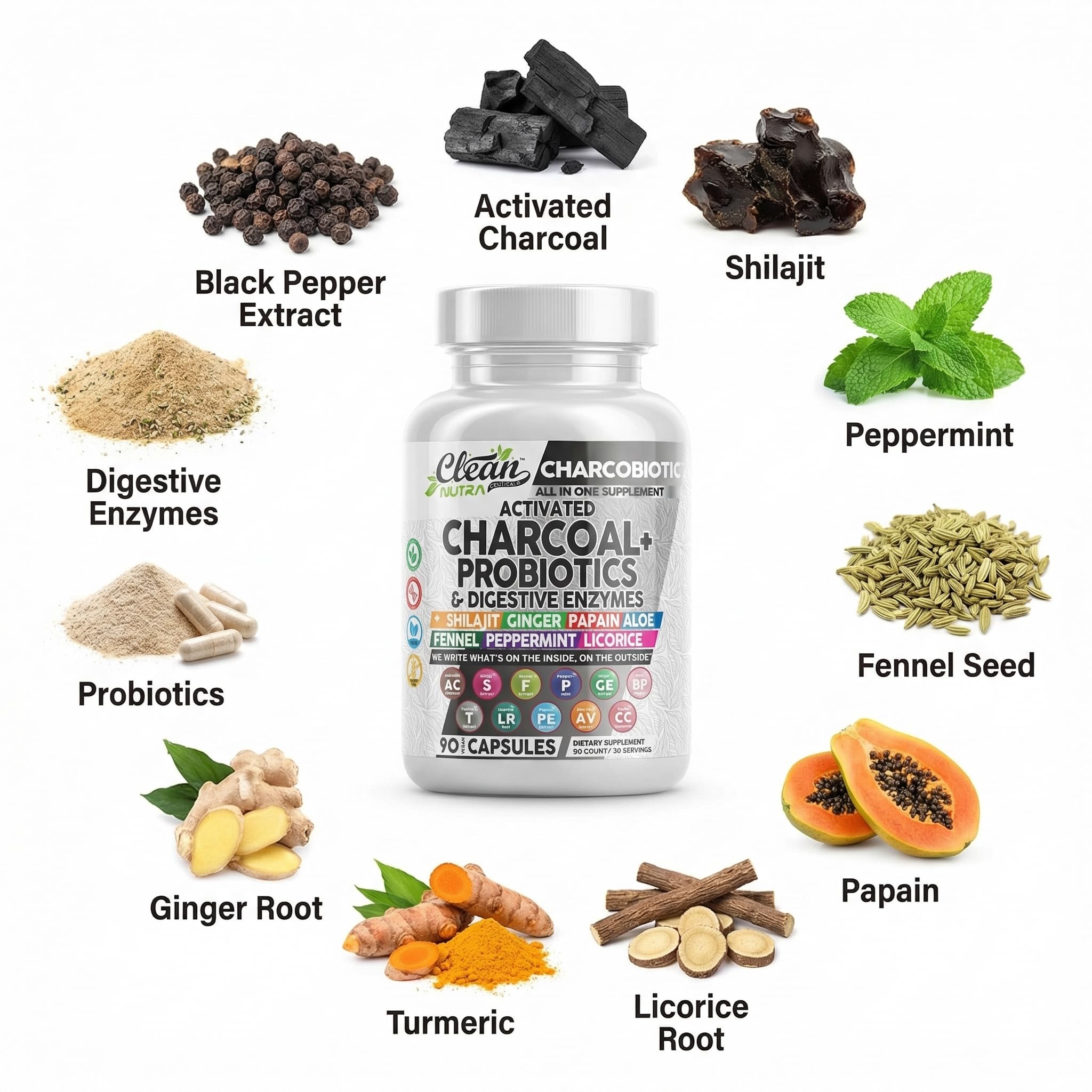 Ingredientes botánicos de CharcoBiotic: menta, hinojo, jengibre para confort digestivo