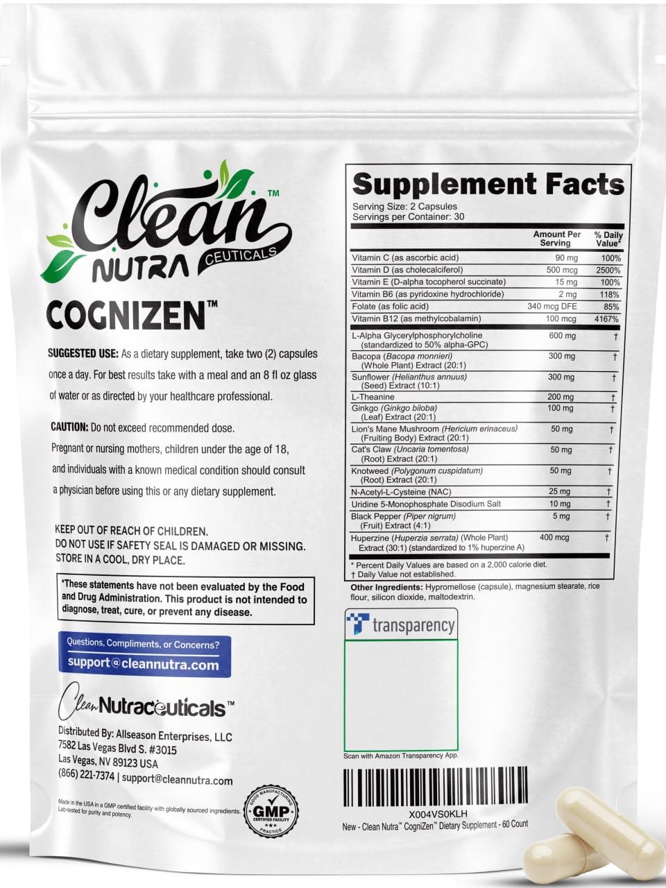 Clean Nutraceuticals CogniZen frasco en mano para comparar tamaño y dosis