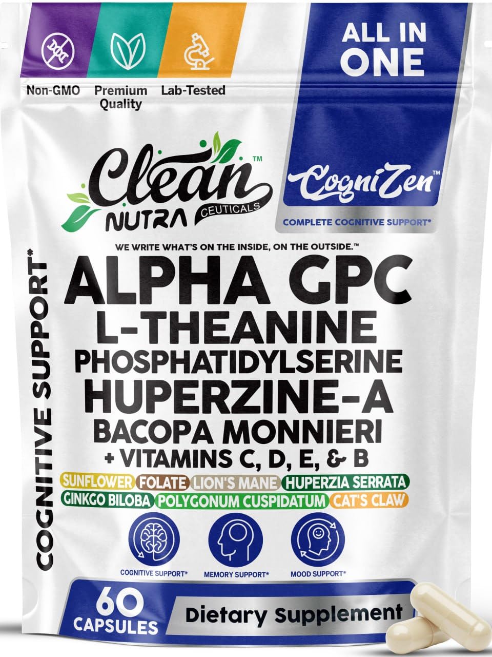 Clean Nutraceuticals CogniZen frontal mostrando envase y beneficios