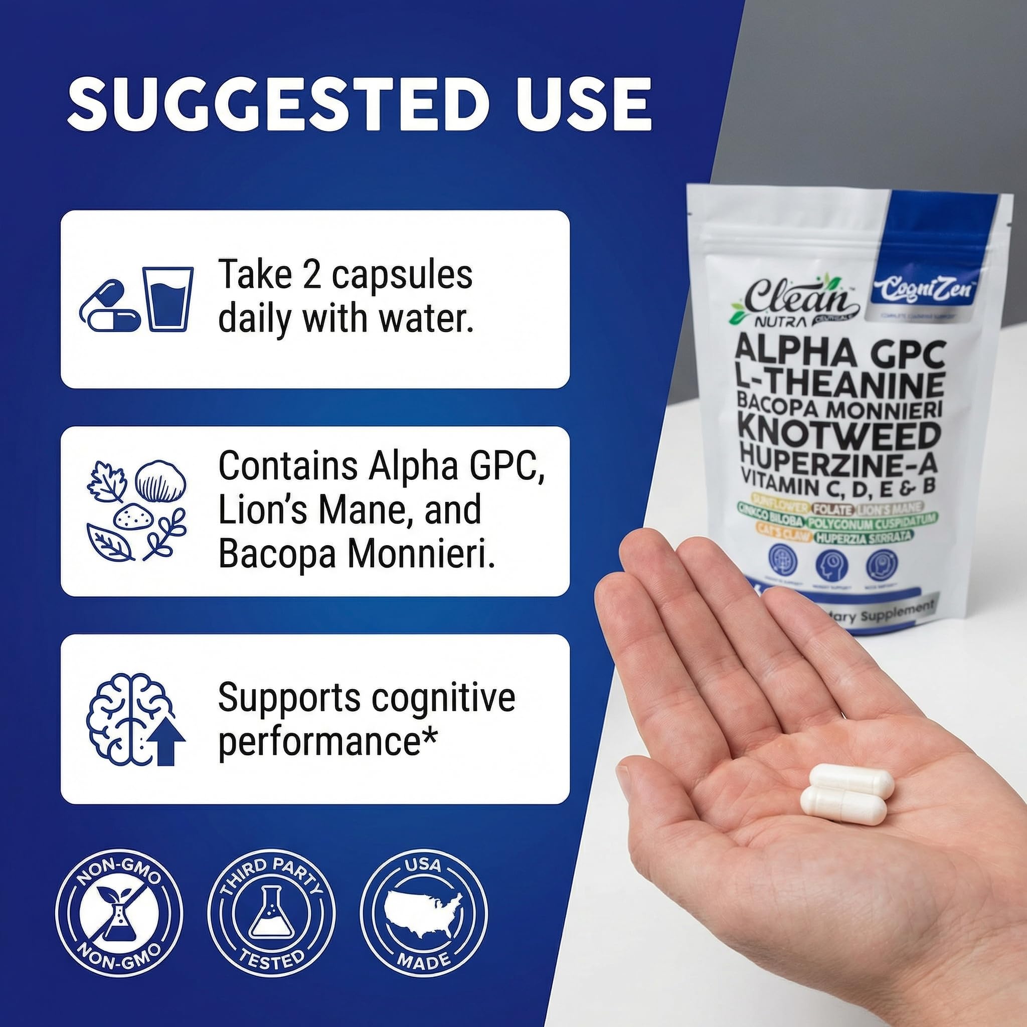 Clean Nutraceuticals CogniZen uso por estudiante mejor concentración sin cafeína