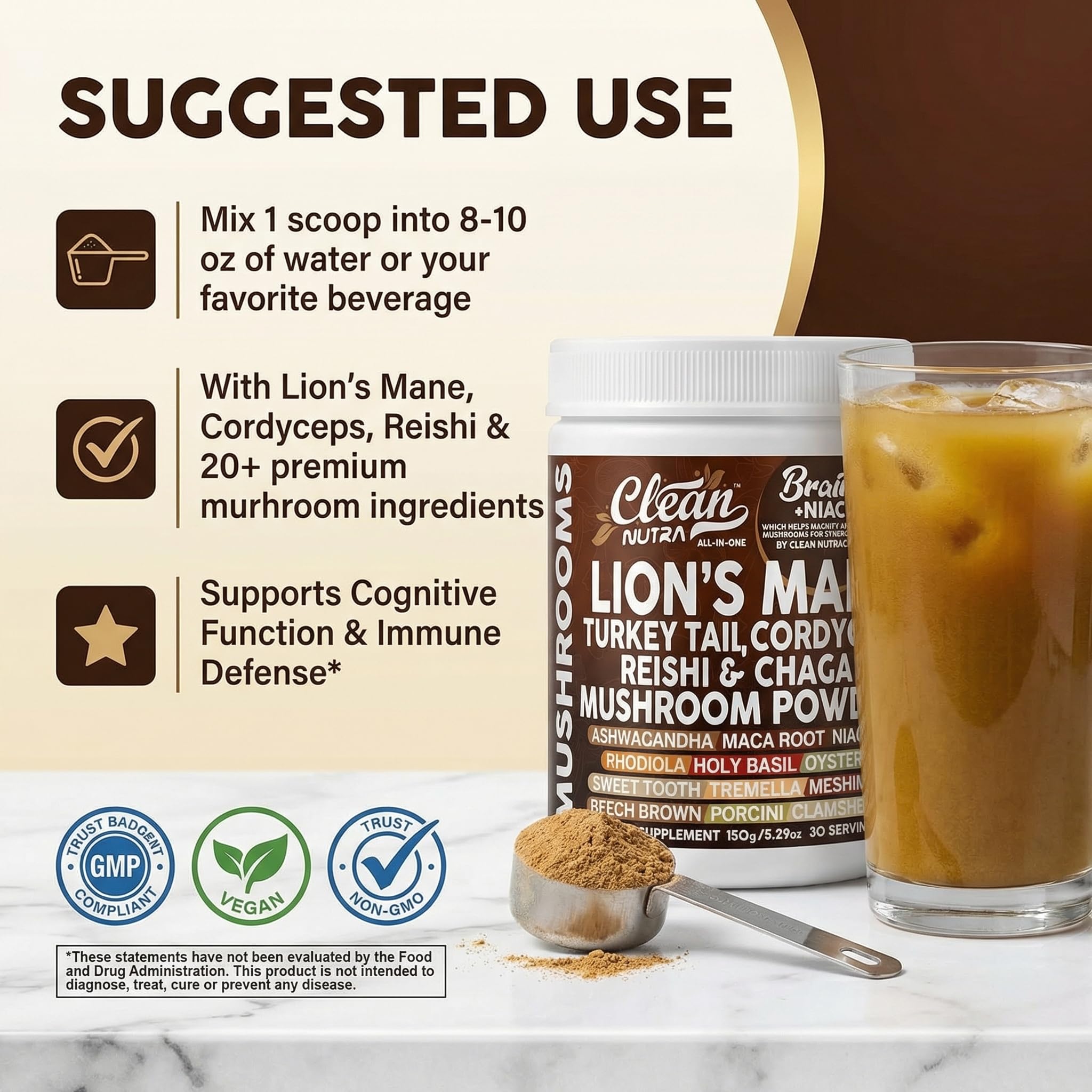 Clean Nutraceuticals scoop al lado de una moneda para comparar tamaño