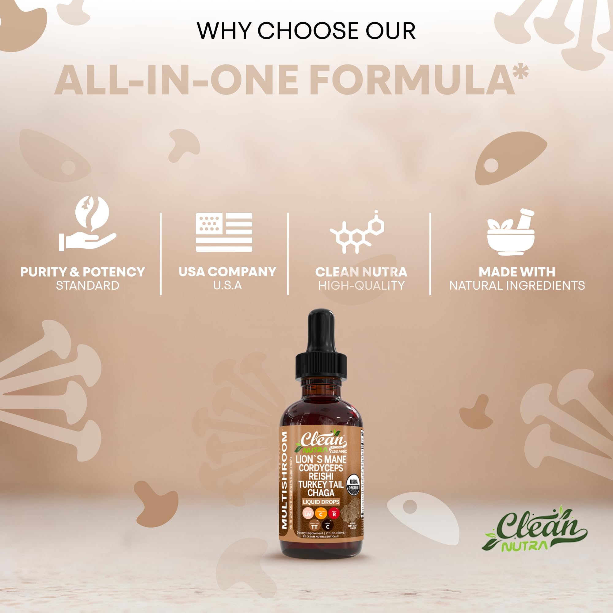 Clean Nutraceuticals setas secas variadas que ilustran el complejo del producto