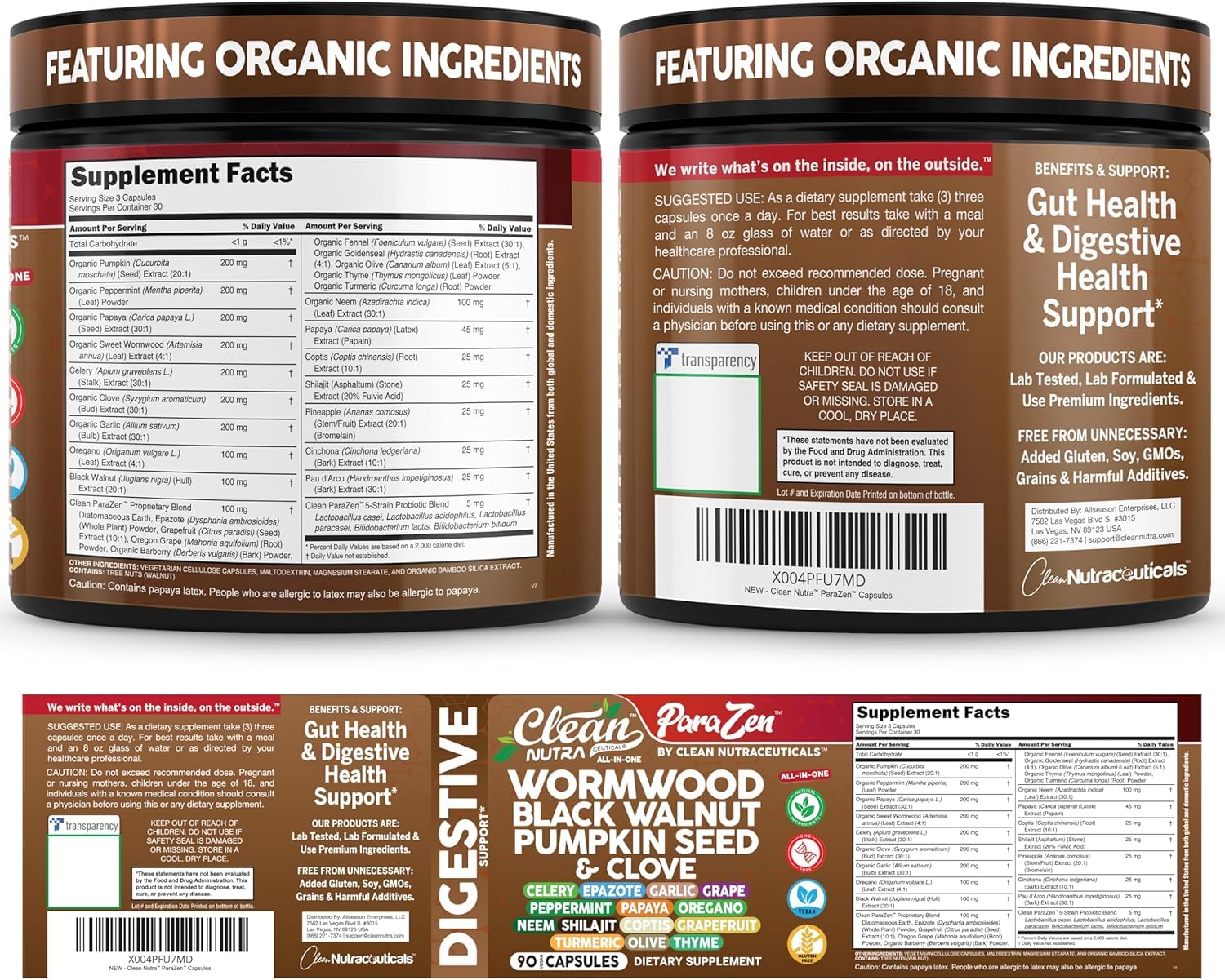 Clean Nutraceuticals embalaje abierto mostrando 90 cápsulas y contenido