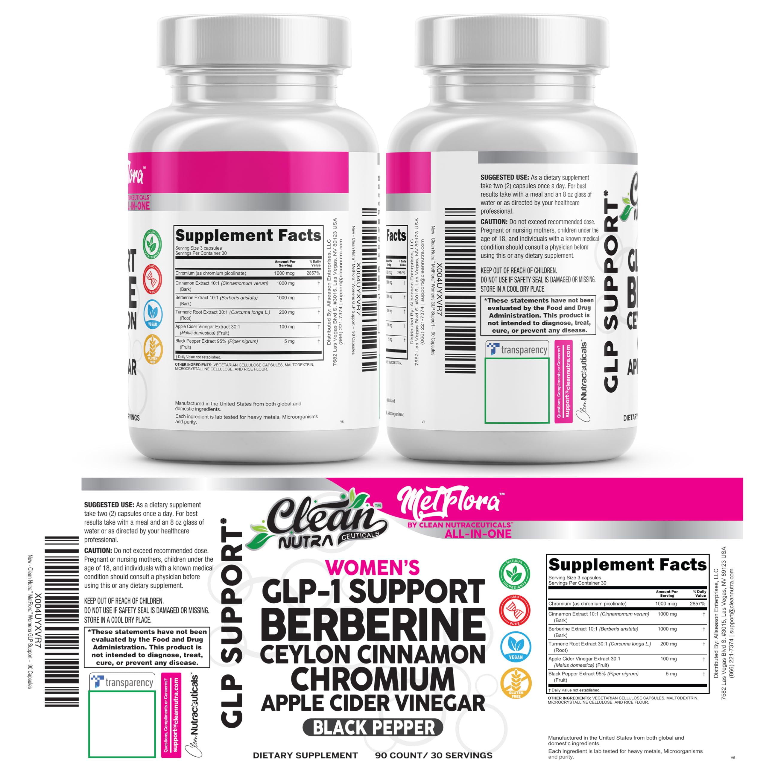 Clean Nutraceuticals tapa abierta mostrando 90 cápsulas y almacenamiento seguro