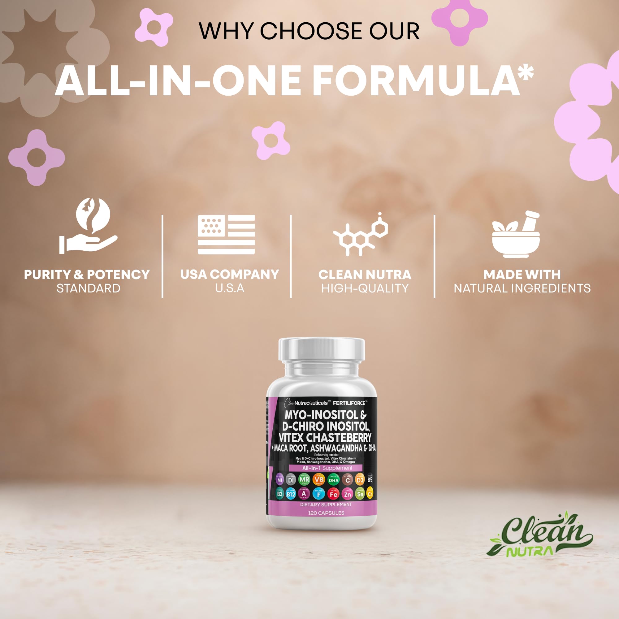 Escena de estilo de vida Clean Nutraceuticals en baño natural promoviendo bienestar