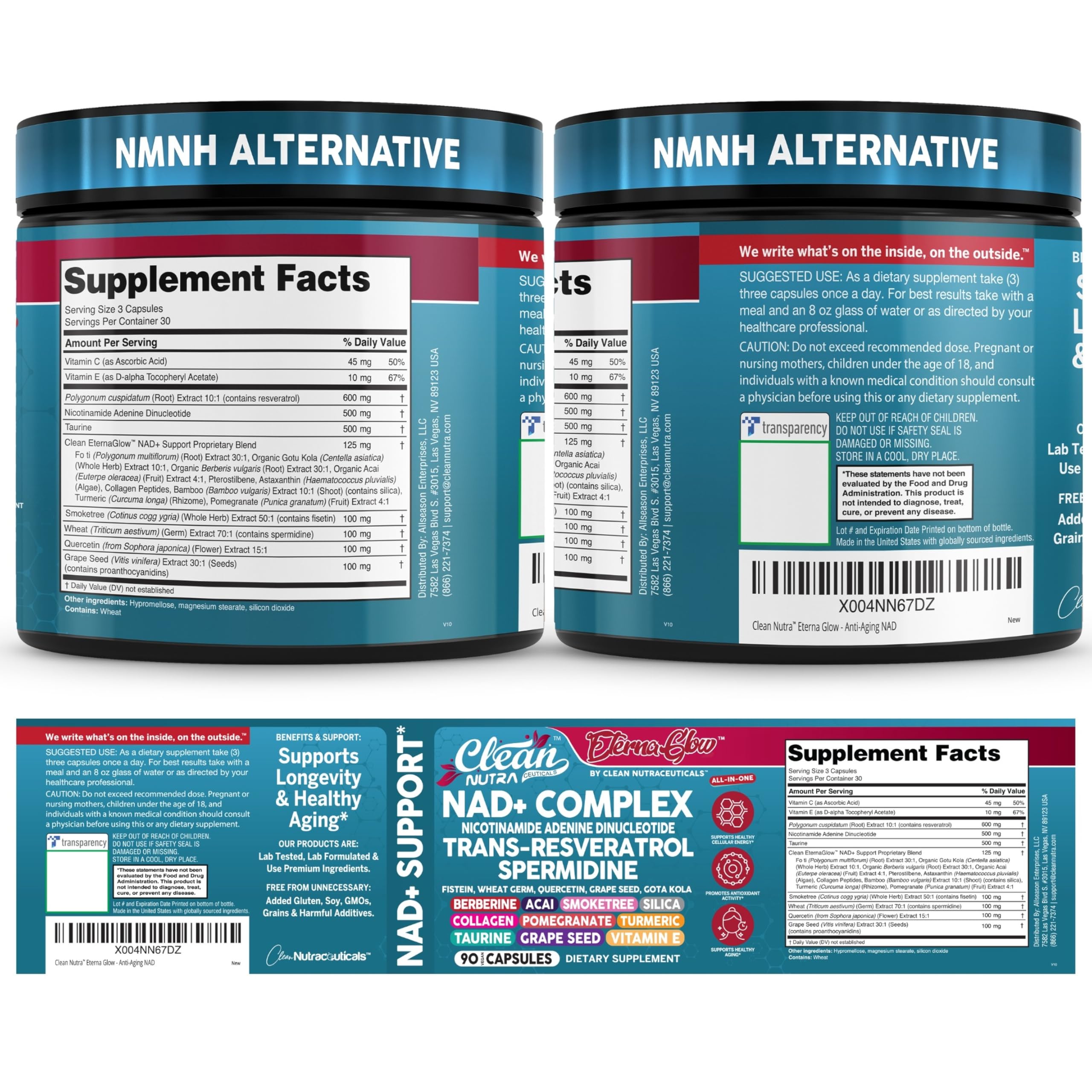 Clean Nutraceuticals EternaGlow disposición de ingredientes activos comparados