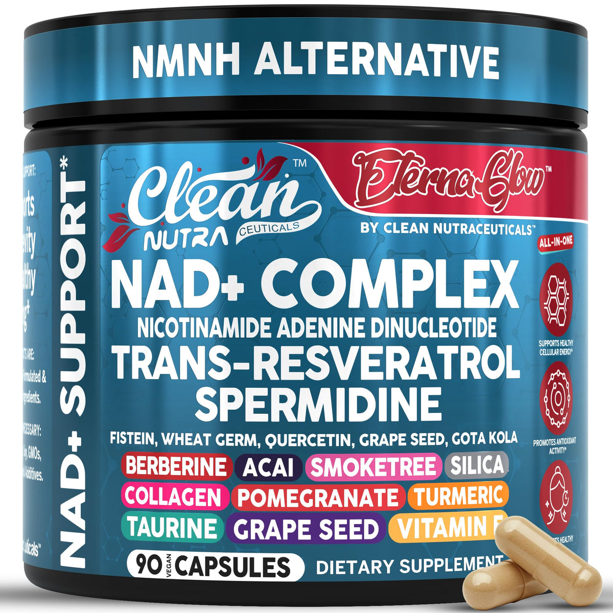 Clean Nutraceuticals EternaGlow frontal botella mostrando etiqueta y beneficios